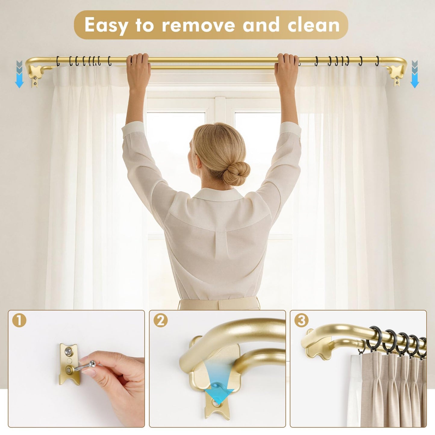 USFOOK 2 Pack Gold Blackout Double Curtain Rods Set, Wrap Around Rods for Windows 32 to 58 Inch, 6/8 Inch Room Darkening Curtain Rod, Metal