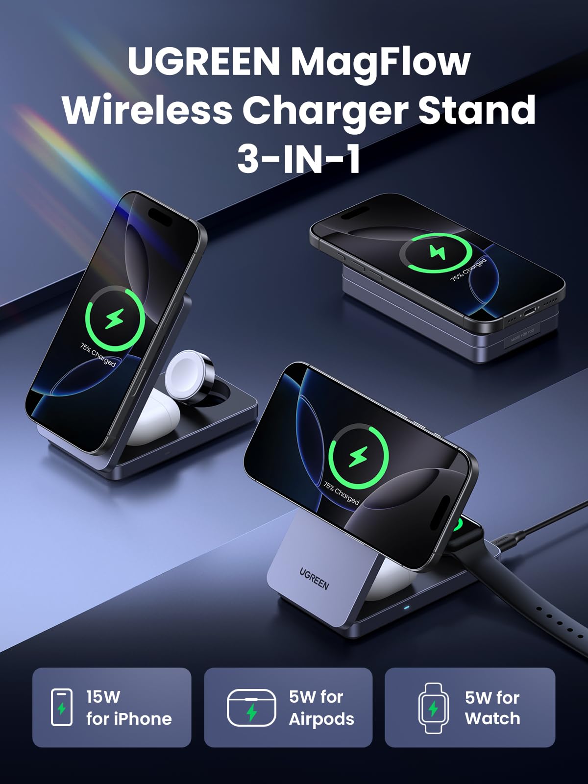 UGREEN MagFlow Qi2 3-in-1 Charger Station for iPhone 16, Foldable Wireless Charger Stand Compatible with iPhone 16/15/14/13/12 Series, AirPods 3/2/Pro, Smartwatch (Included 30W Adapter)