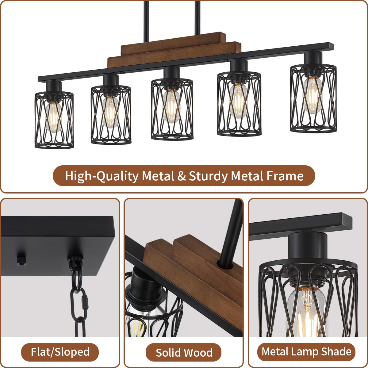 36.61'' Dining Room Light Fixtures Over Table,5-Light Farmhouse Kitchen Island Lighting Hanging with Metal Shade,Matte Black Rustic Wood Linear Pendant Island Light Fixtures for Dining Room Kitchen