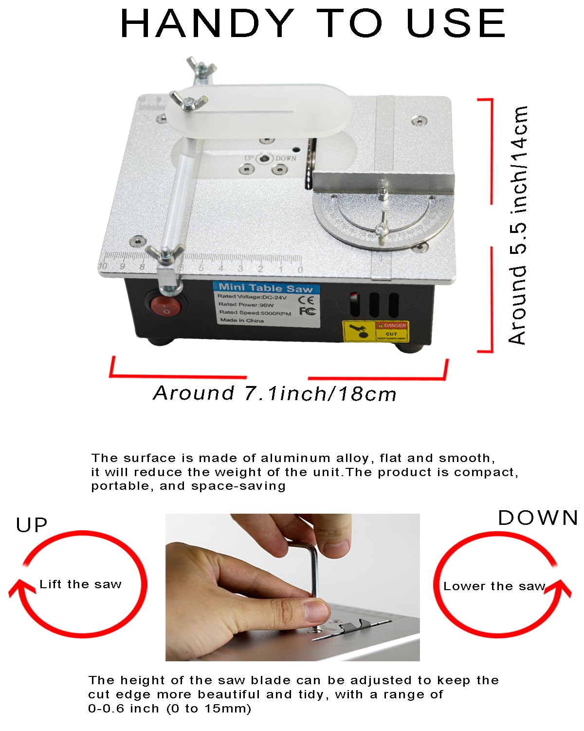 Mini Table Saw, RTOVZON 96W Mini Desktop Electric Saw Cutter 7.1"x5.5", Cut Thickness Adjustable Precision Craft Table Saw with Speed & Angle Adjust 4* Blades, Available for Wood/PCB/Acrylic/Plastic