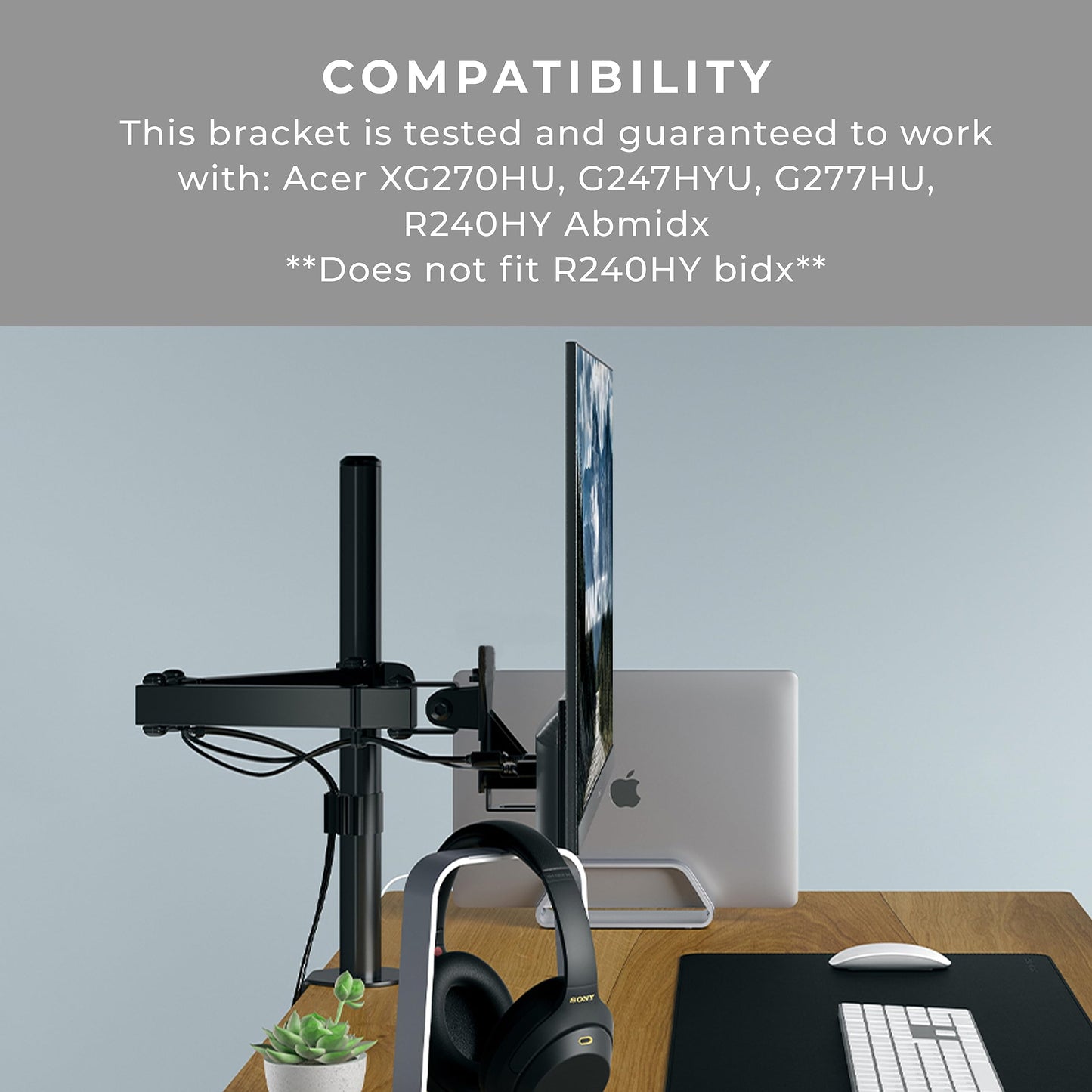 HumanCentric VESA Mount Adapter for Acer Monitor XG270HU, G247HYU, G277HU, R240HY Abmidx, Does not fit R240HY bidx, Works with 75x75 and 100x100mm Patterns, Hardware Included