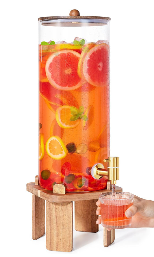 2 Gallon Large Drink Dispenser for Parties,Glass Beverage Dispenser with Stand,Glass Water Dispenser with Airtight Valve,Lemonade Dispenser for Fridge,Water, Juice,Punch,Cocktails,Ice Tea & Sun Tea-8L