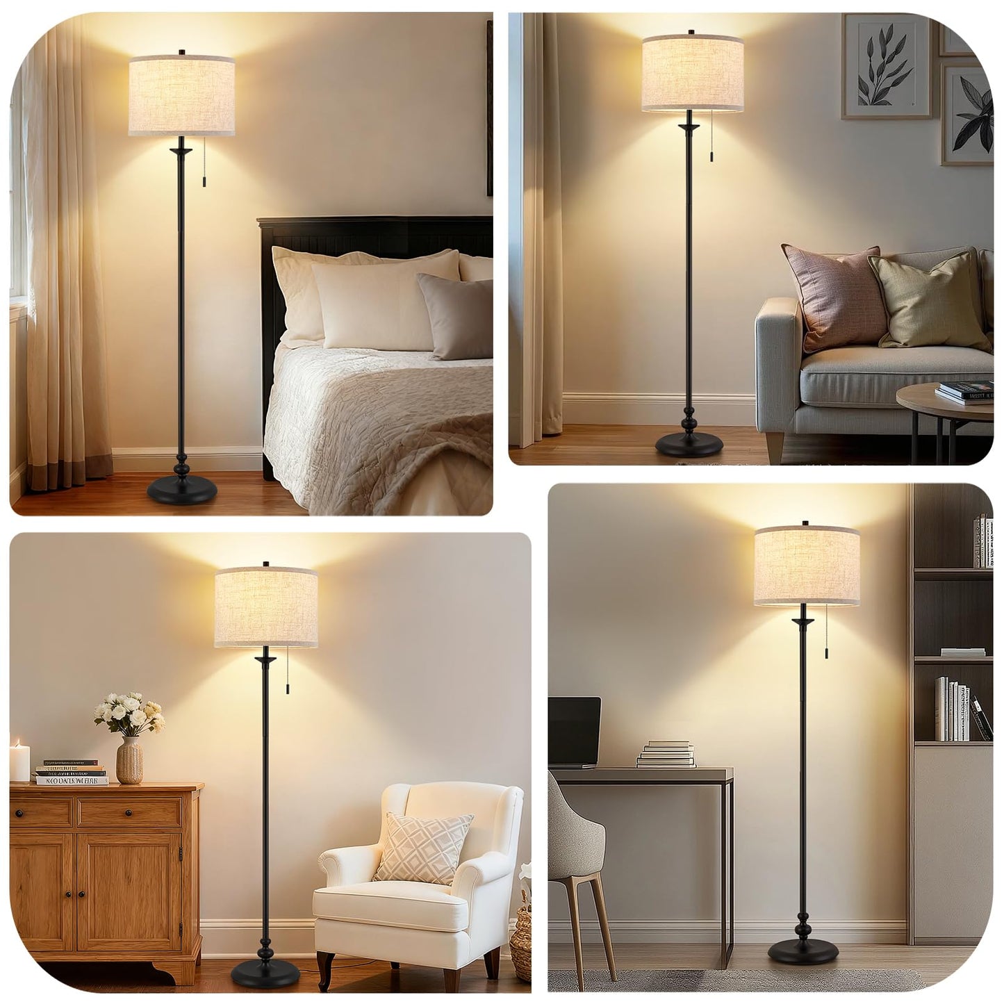 Luvkczc Black Floor Lamp, 60" Standing Lamp Tall Lamp with Fabric Lampshade&Pull Chain Corner Floor Lamps for Living Room, Bedroom & Office Bulbs Not Included