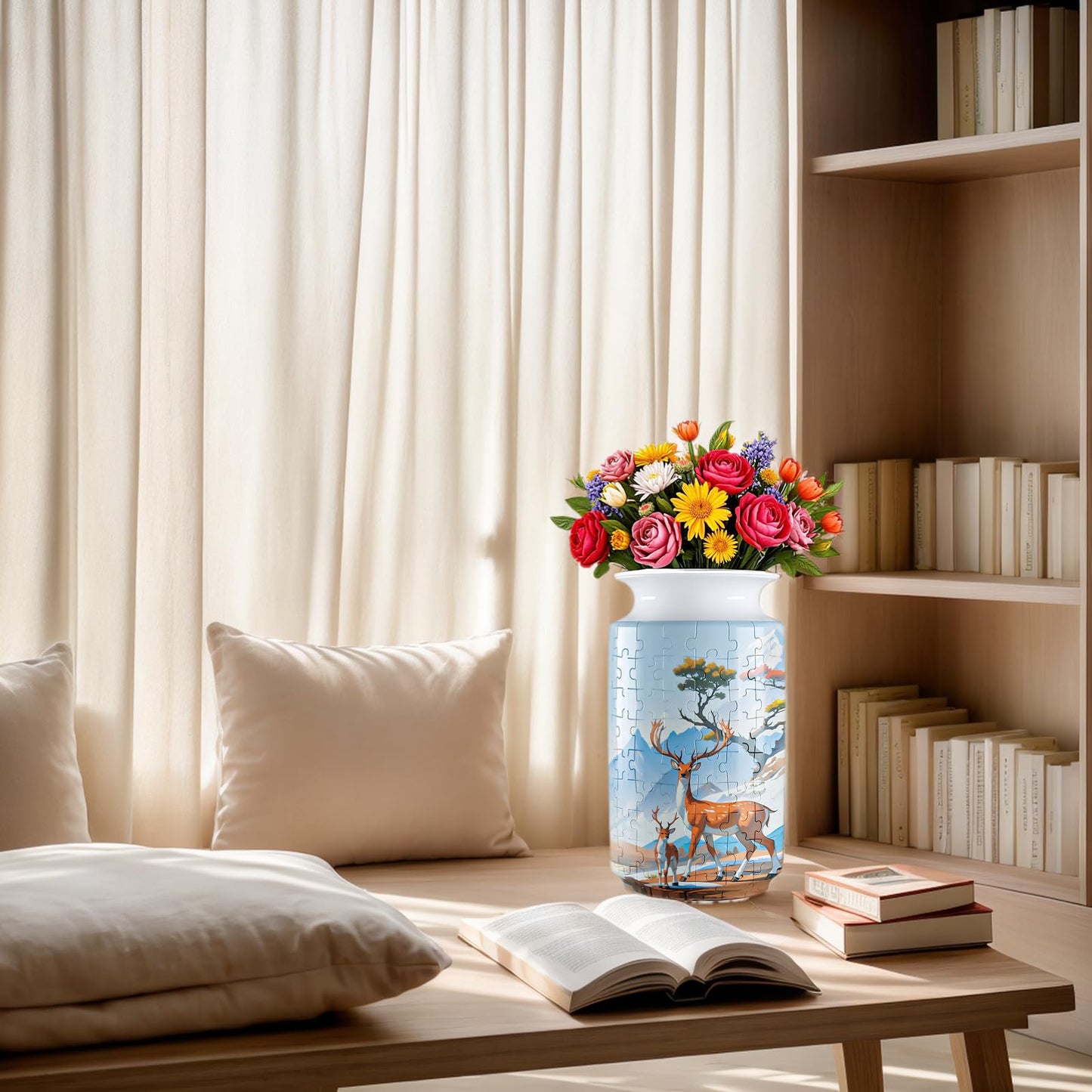 3D Puzzle Vase for Adults, 162-Piece Unique Curved Plastic Flower Vase,House Warming Gift for Flower Arrangements and Home Decor, for Mom (Blue Deer)