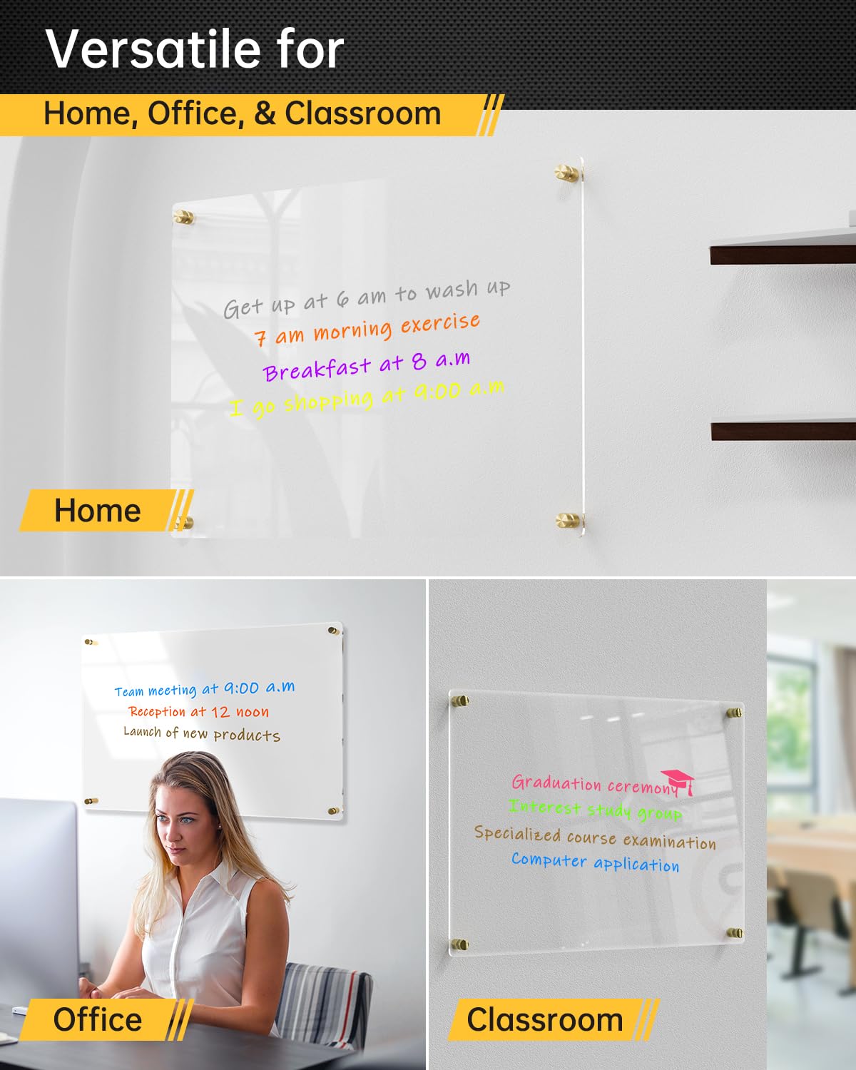 Clear Acrylic Dry-Erase Board 24x16 | Transparent Wall-Mount Writing Panel | Includes 8 Color Markers, Eraser, Standoff Screws & Install Kit | Ideal for Home & Office