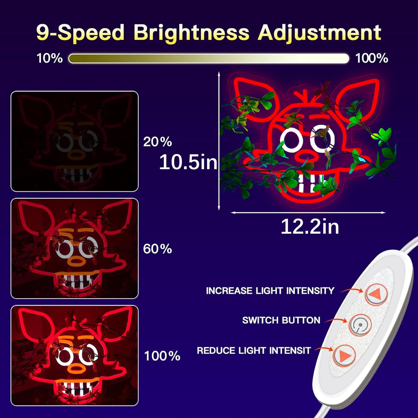 Fnaf Fox Neon Sign for Wall Decor，Five Nights LED Neon Lights for Gameroom，Birthday、Christmas Gifts for kids