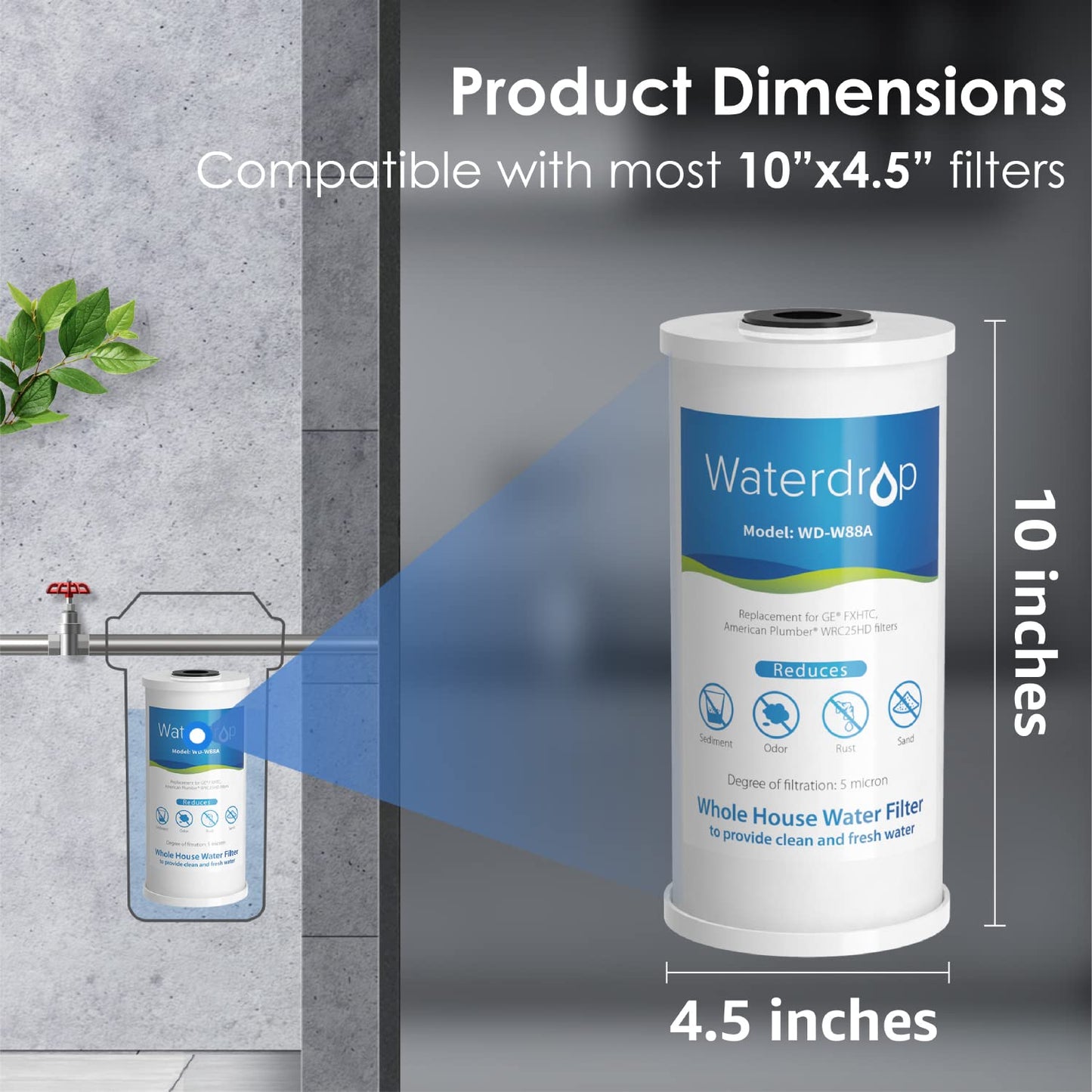 Waterdrop FXHTC Whole House Carbon Water Filter, Replacement for GE® FXHTC, GXWH40L, GXWH35F, Culligan® RFC-BBSA, American Plumber W10-PR, W10-BC, WRC25HD, 10" x 4.5" Cartridge, 5 Micron, Pack of 3