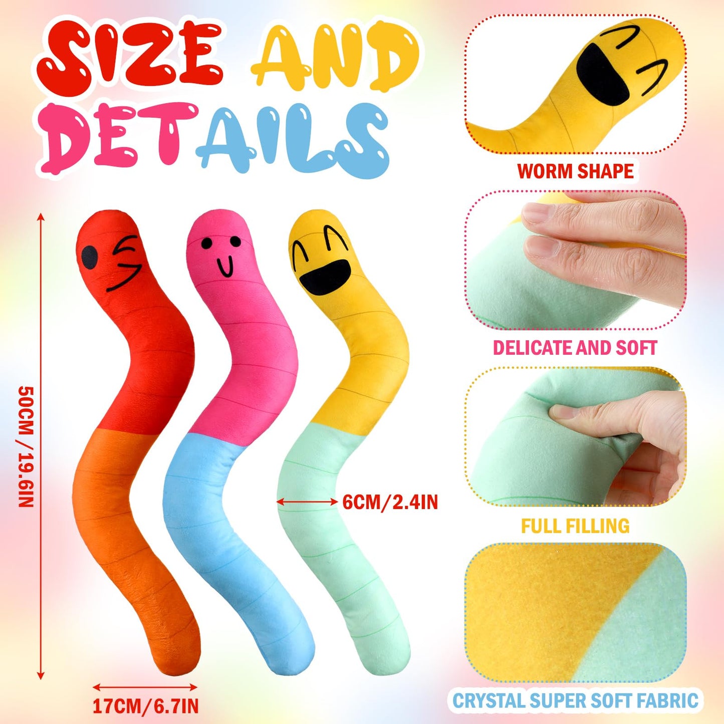 Newwiee 3 Pcs Gummy Worm Pillow Cushion 16" Gummy Worm Plushie Prop Candy Prop Stuffed Figure Pillow for Plushie Lover Gift Bedroom Home Sofa Decor