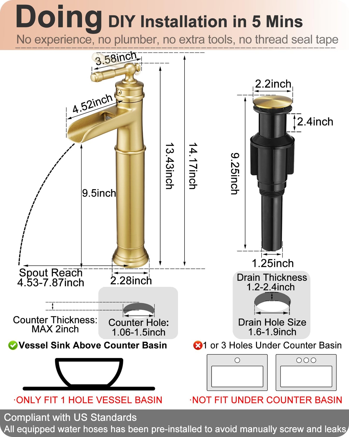 HOIGY Gold Vessel Sink Faucet, Brass Waterfall Tall Faucet for Bathroom Sink 1 Hole with Single Handle, Pop-up Drain & cUPC Water Hoses for Antique Bowl Basin Save Water