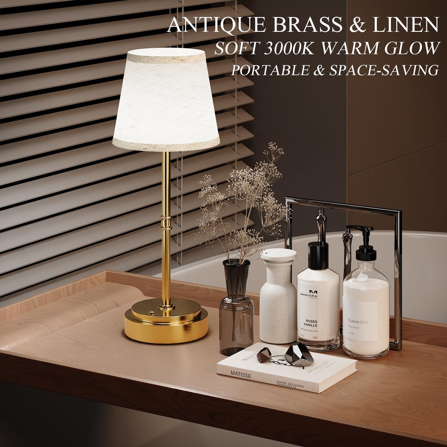 Cordless Table Lamp Rechargeable - Portable LED Desk Lamp for Dining Room,Bedroom,Patio - 2-in-1 Adjustable Height (16"/11") Touch Light - Stepless Dimmable(Warm White) (Antique Brass, 2 Pack)