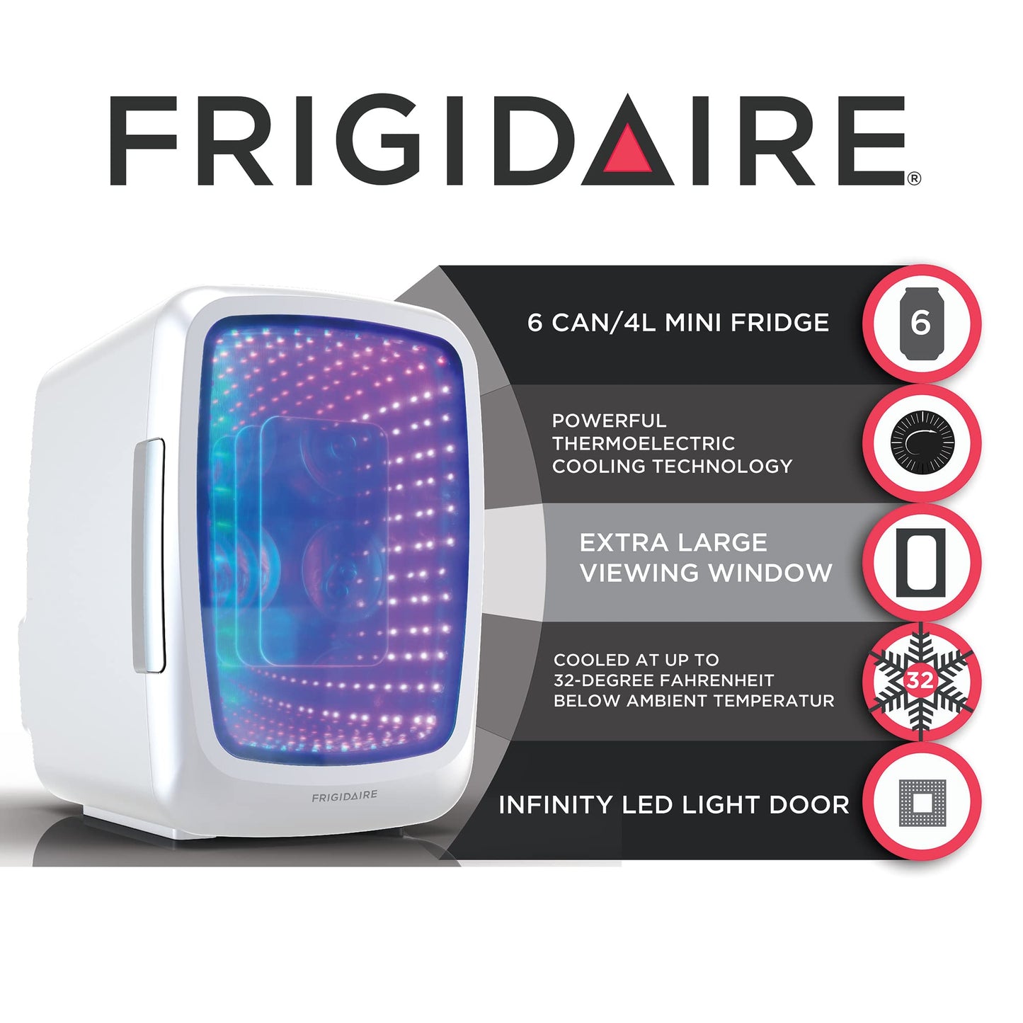 Frigidaire Gaming Light Up Mini Beverage Refrigerator, 6 can, 4 liters, Cooler with large see through door and LED lights Perfect for Gaming Experience, Home, Office, or Cars.12V Charger (White)