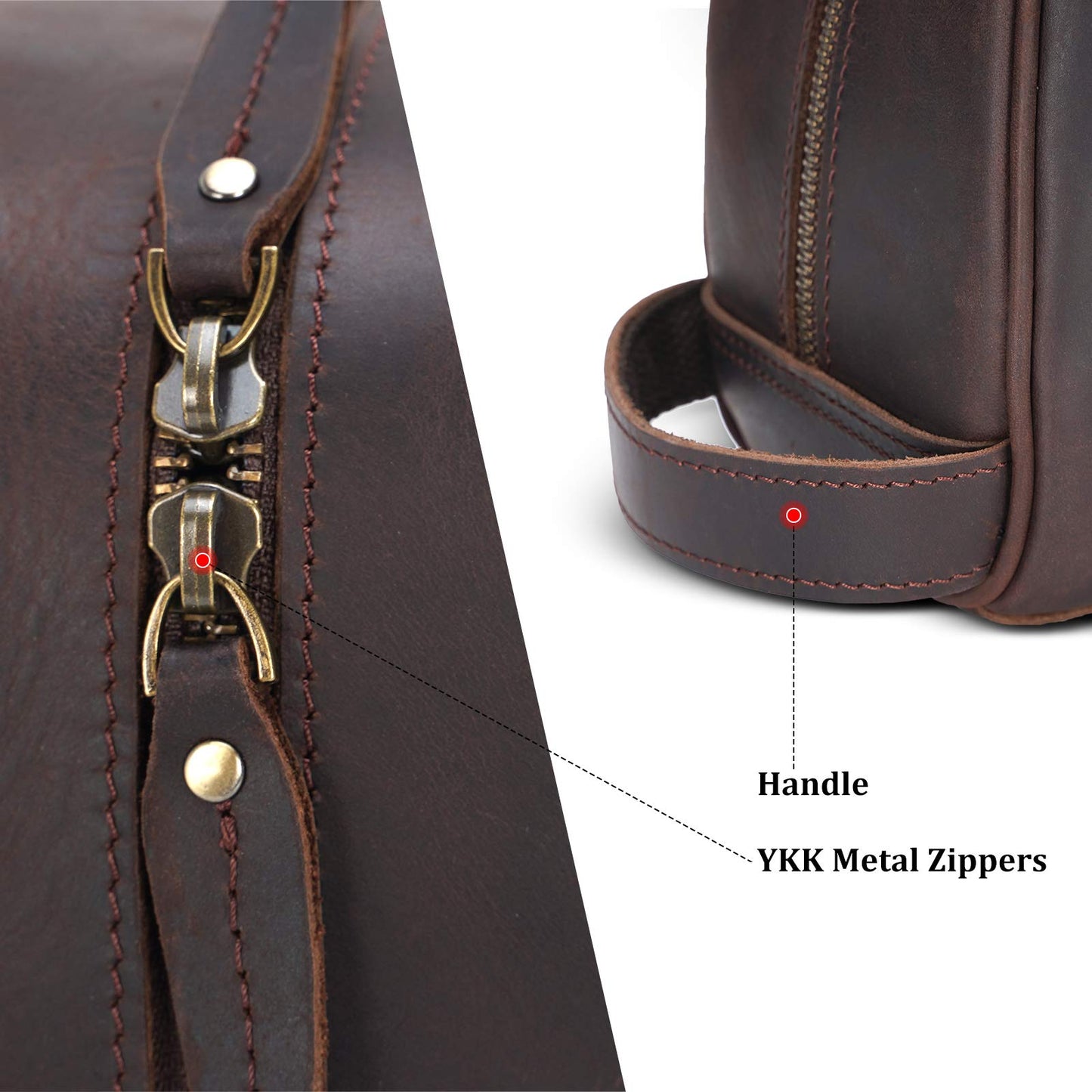 Polare Vintage Full Grain Leather Handmade Travel Toiletry Bag for Men - Dopp Kit - Shaving Kit with YKK Metal Zippers A-Dark Brown