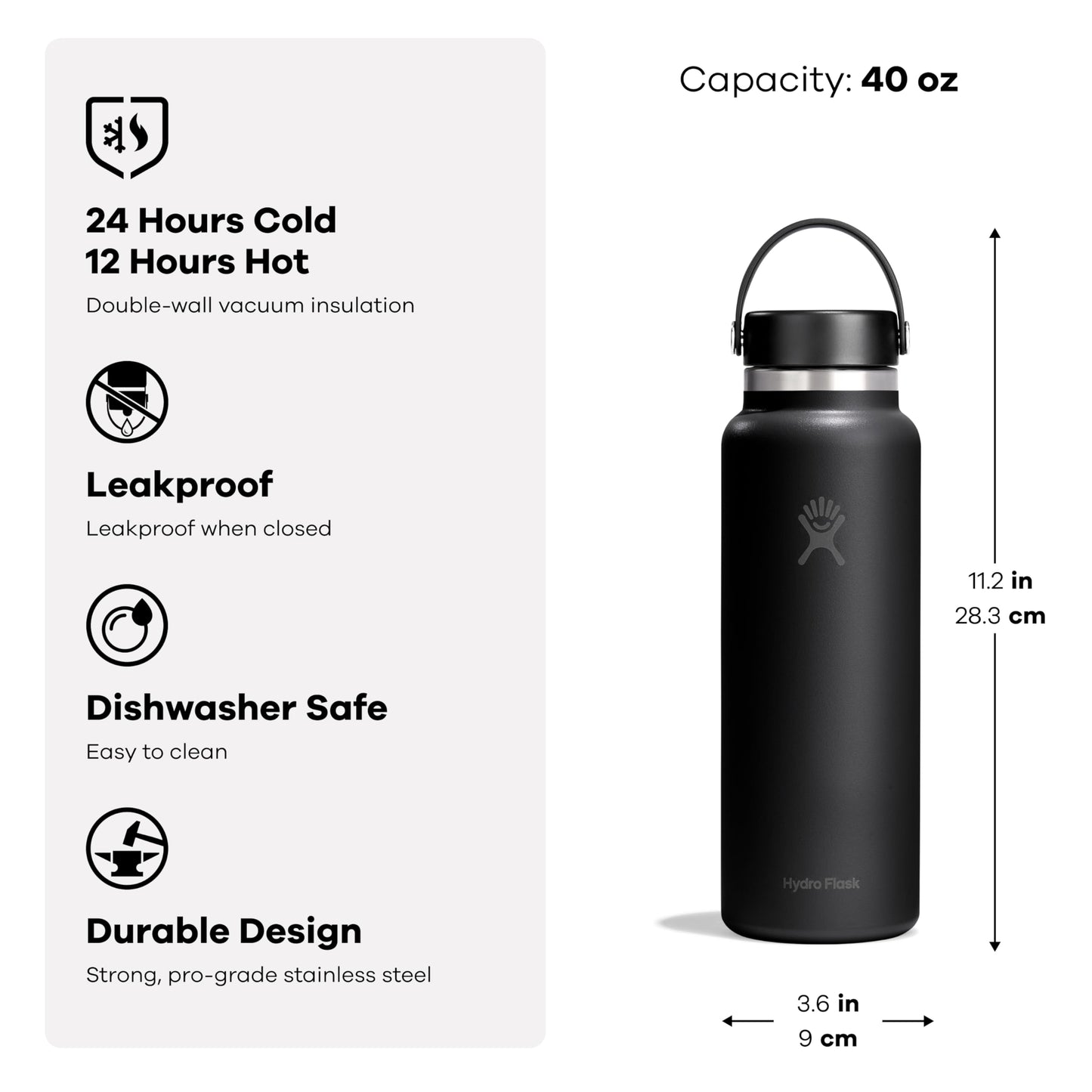 Hydro Flask Water Bottle - Insulated Stainless Steel - Wide Mouth Flex Lid, Non Spill, Leakproof and Refillable in 40 Oz Harbor Blue