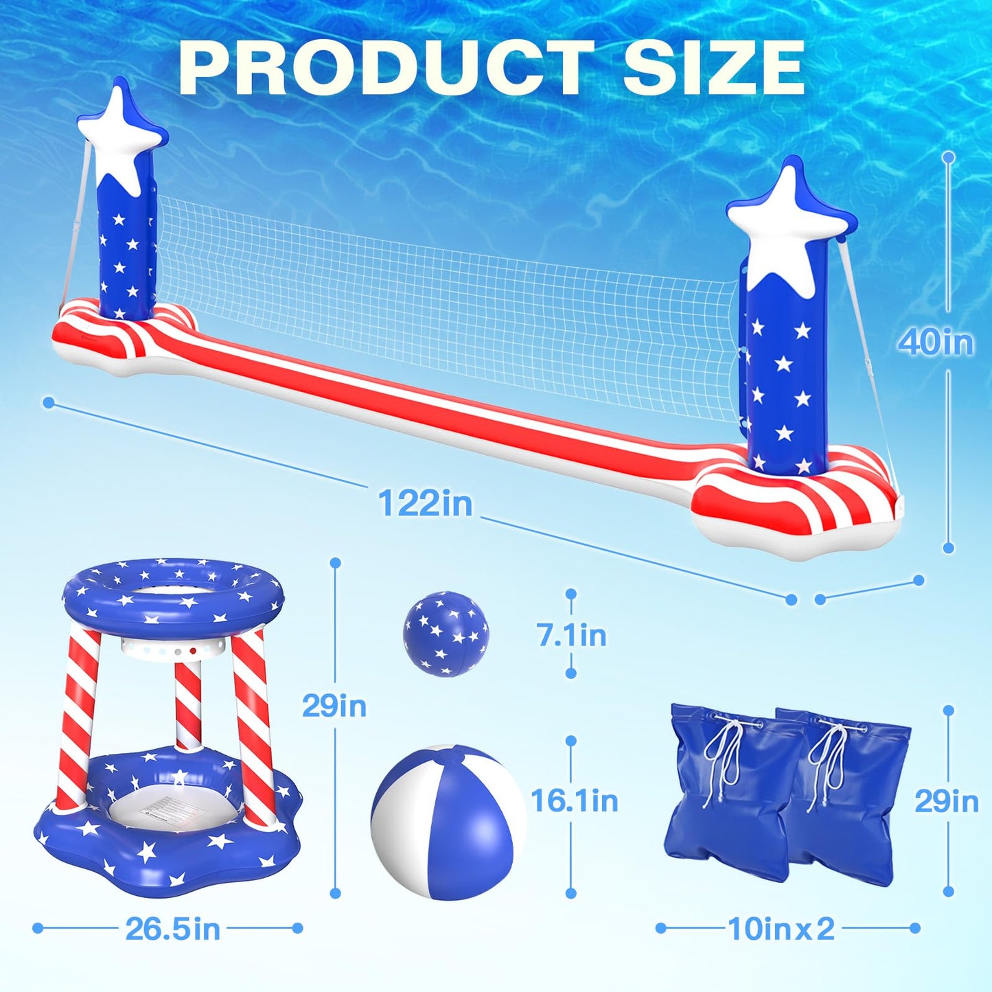 Inflatable Pool Volleyball Net Basketball Hoop 120 Inch Large PVC Pool Volleyball Court Toys Set with 2 Balls and 2 Weight Bags Summer Water Floats
