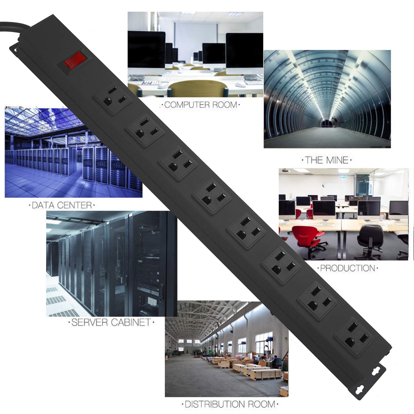 2Pack Metal 8 Outlet Mountable Power Strip, Wall Mount Outlet Heavy Duty, Wide Spaced Commercial Shop Power Strip with Switch, 6 FT SJT 14AWG Power Cord.
