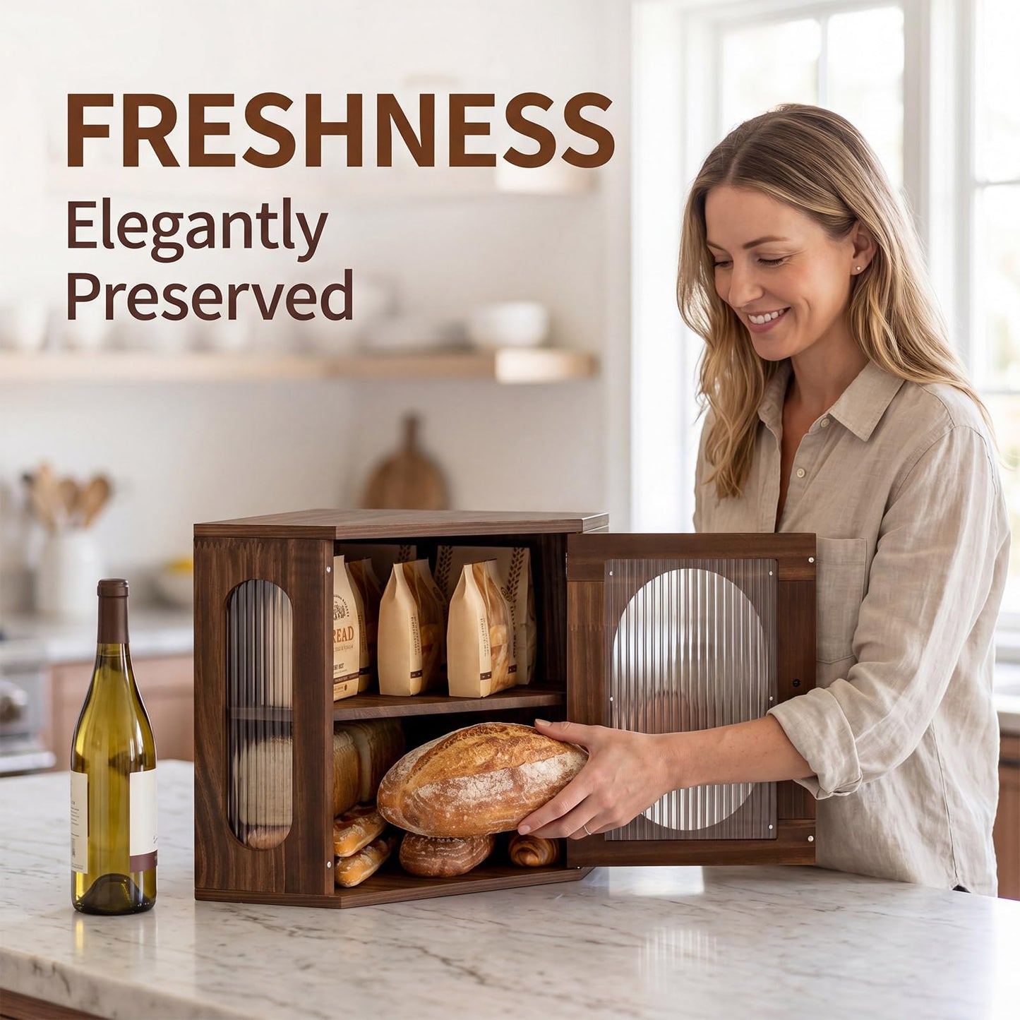 Alpeir Corner Bread Box for Kitchen Countertop, Thick Pine Wood Keep Freshness Longer, Adjustable Farmhouse Bread Storage Container with Window & Deli Papers for Homemade Bread, Baked, Retro Brown