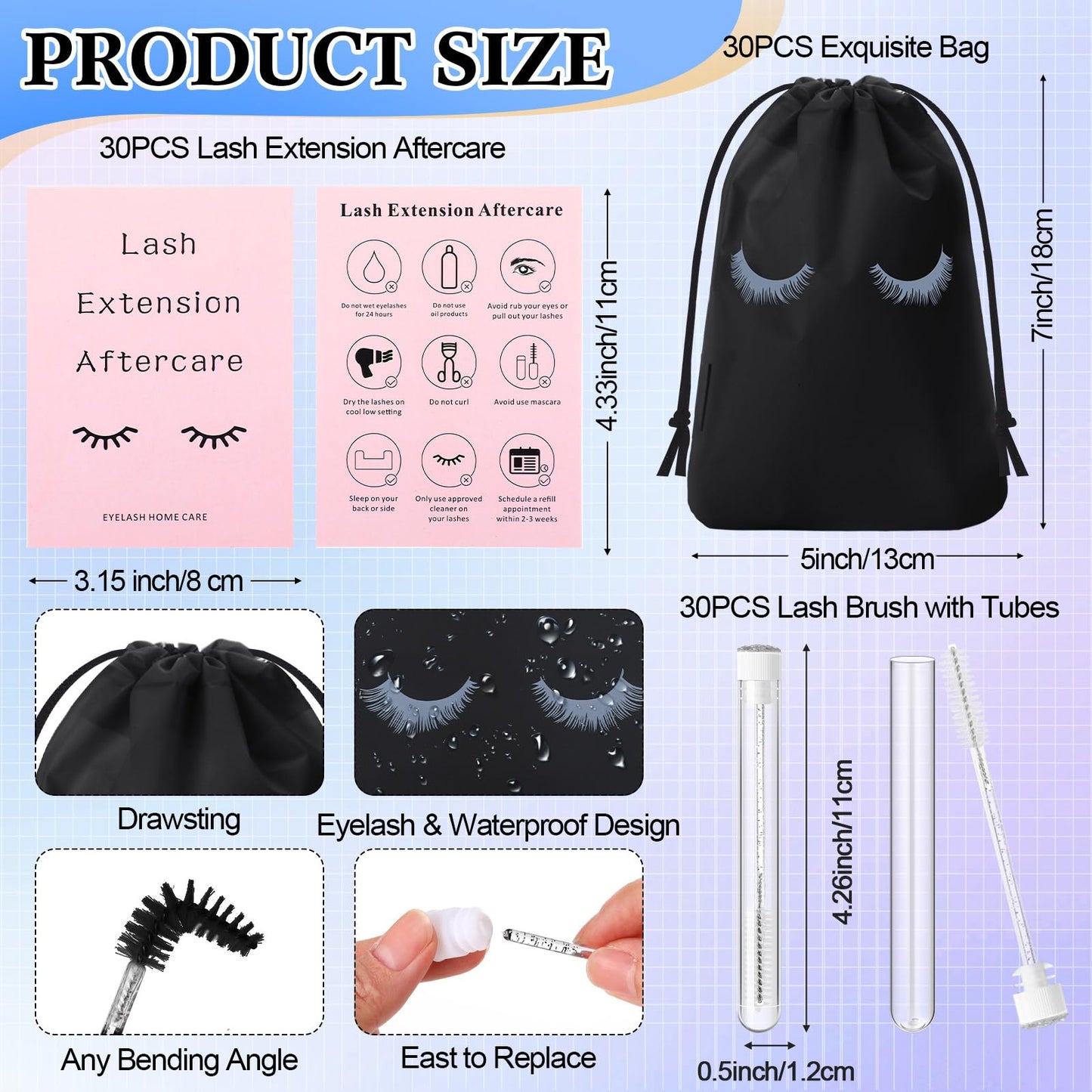 Zhehao 150 Pcs Lash Shampoo Bottle Brushes Set 30 Eyelash Shampoo Dispensers 30 Reusable Aftercare Bag 30 Empty Lash Brushes Pipes 30 Lash Shampoo Brushes 30 Extension Aftercare Cards(Black)