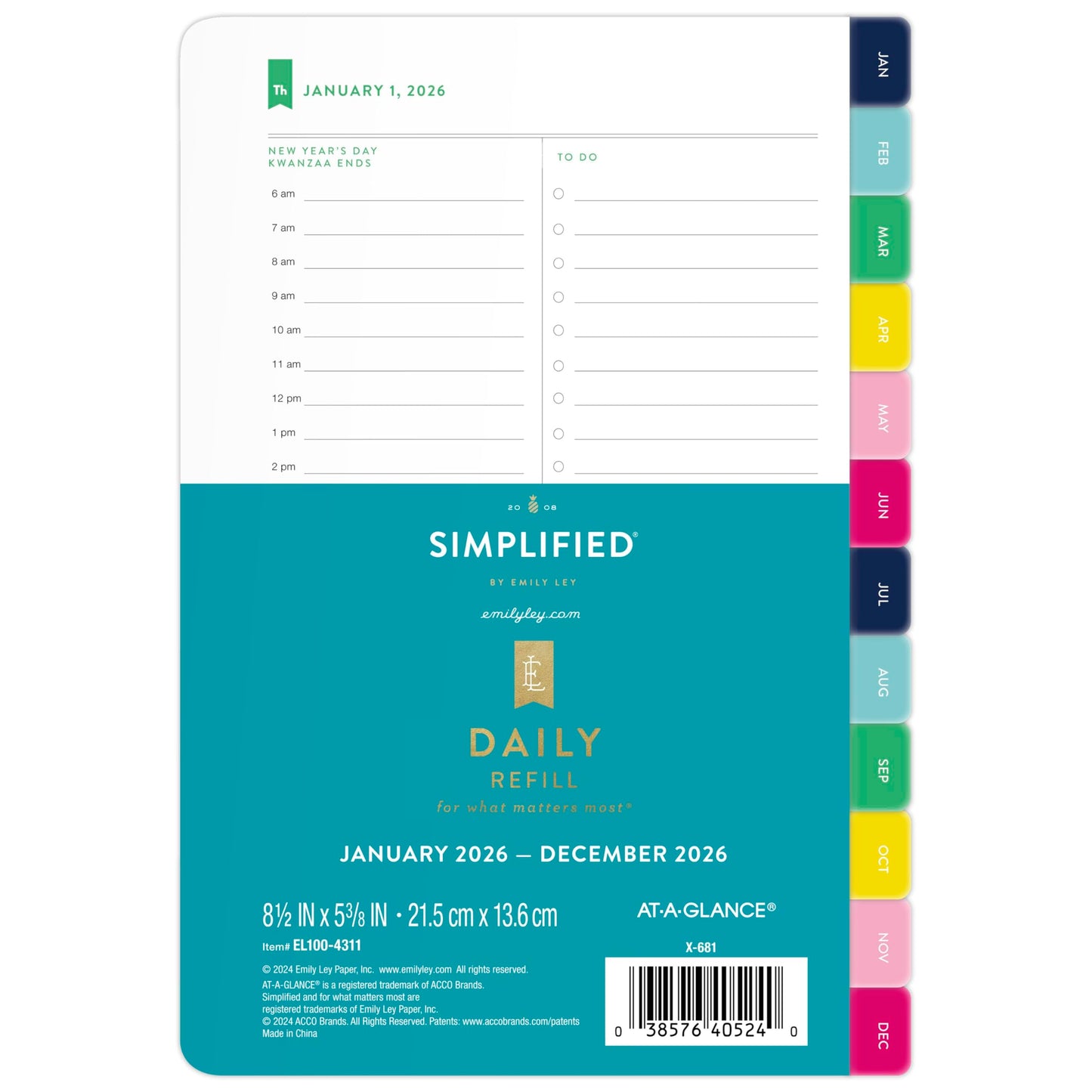 AT-A-GLANCE 2026 Planner Refill, Simplified by Emily Ley, Daily, 5.5" x 8.5", Desk Size, One Page Per Day Refill (EL100-4311-26)