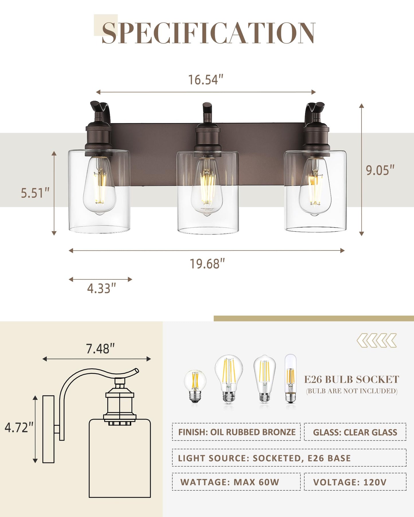JAZAVA 3 Light Bathroom Vanity Light, Morden Bathroom Lighting Fixtures Over Mirror Oil Rubbed Bronze Wall Light Fixtures with Clear Glass Shade ZCVL01ORB-3