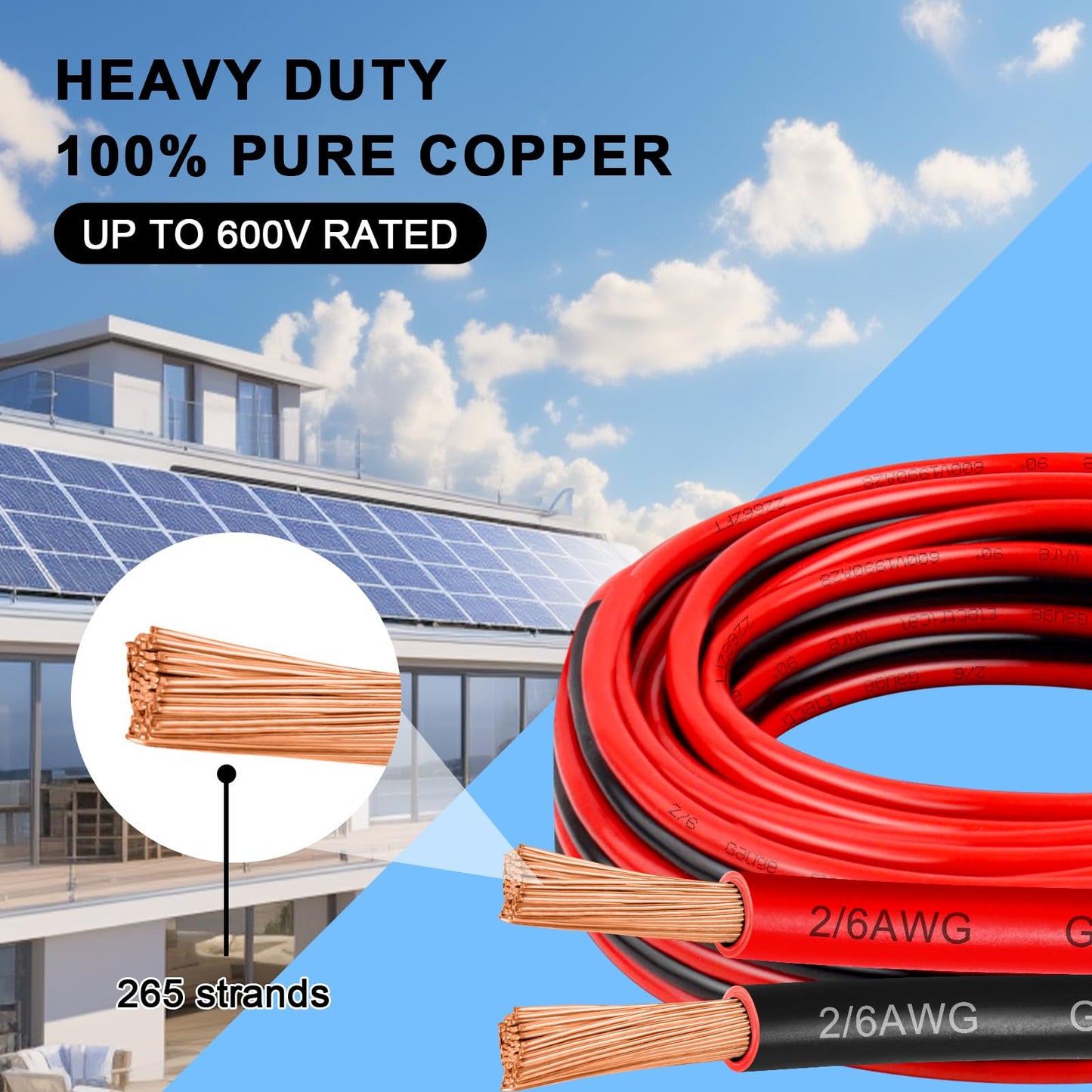 6 Gauge Wire 20 Feet, 6/2 AWG Pure Copper Wire, 6AWG 2 Conductors Red Black Oxygen Free Stranded Low Voltage Wire for Solar Panel, Automotive, Audio Auto, LED Lighting(6 AWG 20FT)