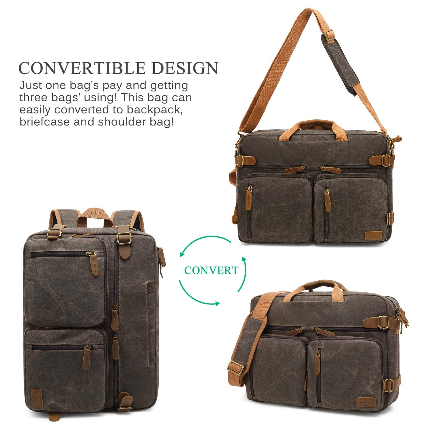 CoolBELL Laptop Messenger Bag Vintage Shoulder Bag Convertible Backpack Retro Briefcase Versatile Travel Bag Fits 17.3 Inch Laptop For Men Business (Waxed Canvas Brown)