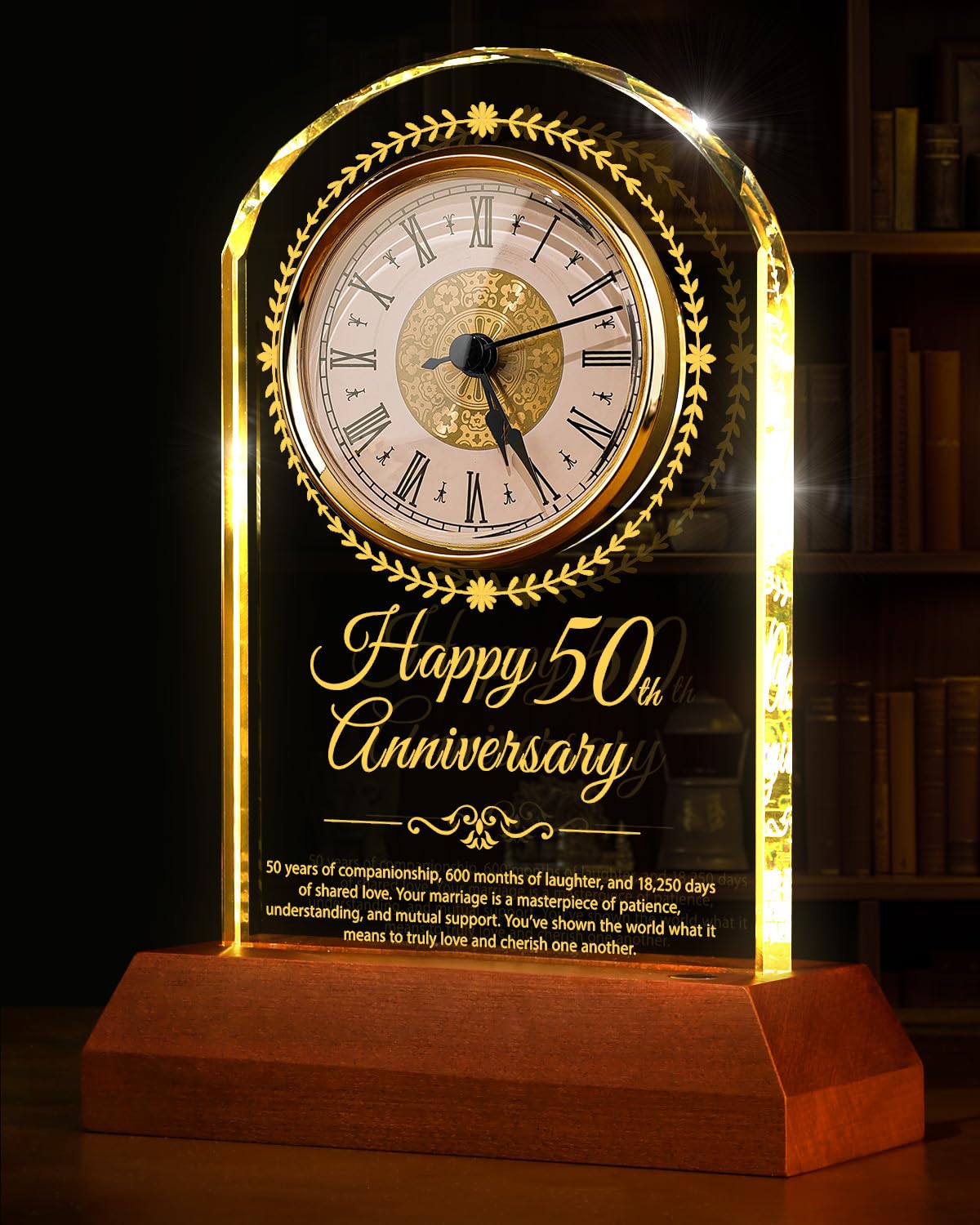 Sttokilly 50th Wedding Anniversary Crystal Quartz Clock with Wooden Light Base,50 Years of Marriage Gift,Happy Golden Anniversary Decoration Gift,for Parents,Grandparents,Couple