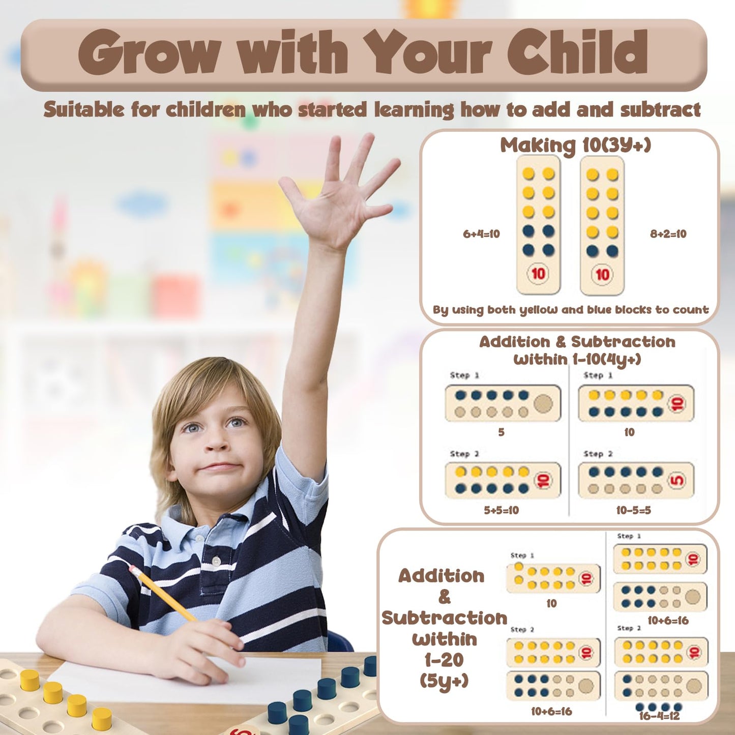 TEUVO Counting Peg Board Montessori Toys for Kids Aged 3 4 5 6 Years Old, Montessori Math Manipulatives Materials Wooden Preschool Learning Number and Counting Games for Home School Classroom