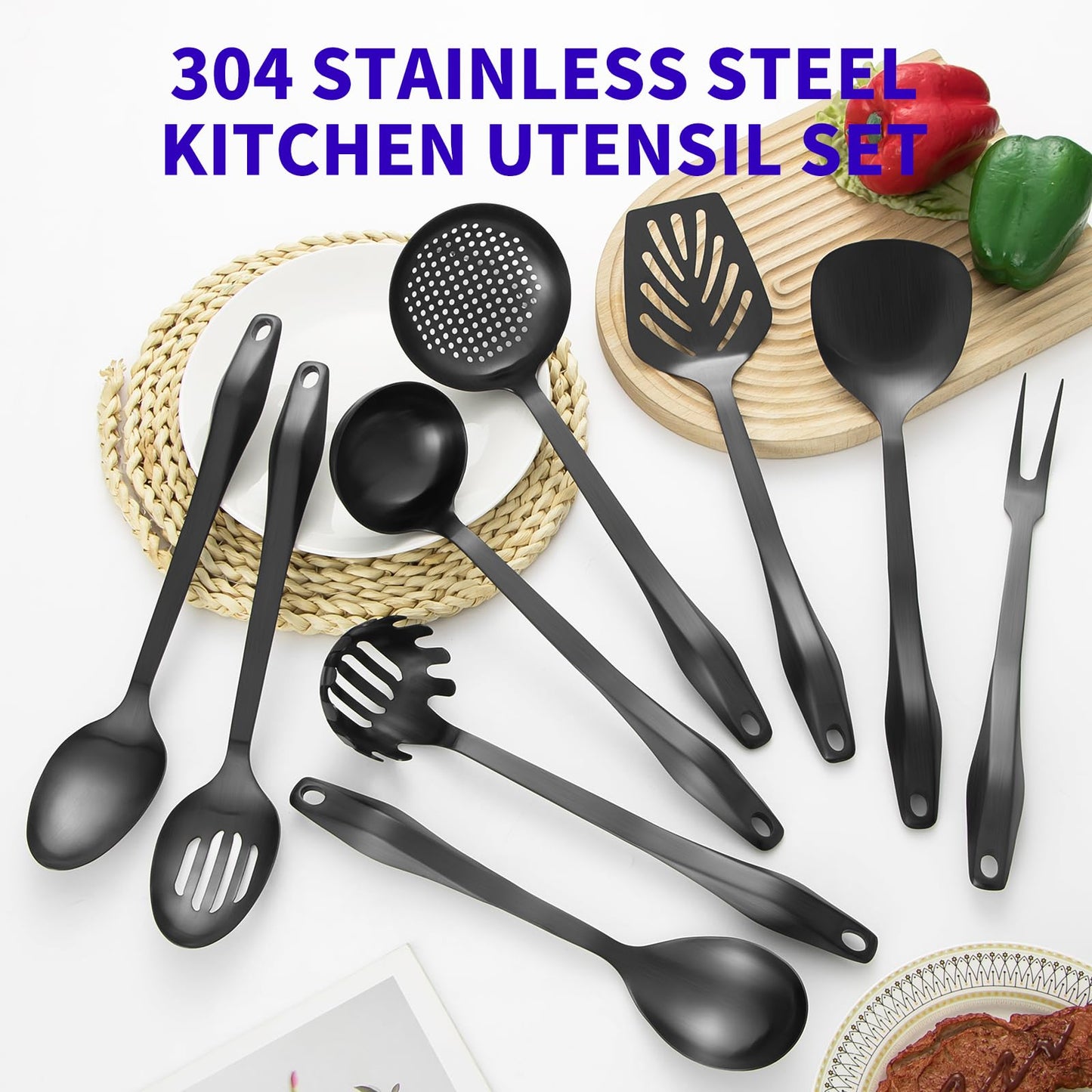 304 Stainless Steel Kitchen Utensil Set - 9pcs Cooking Utensils, Metal Kitchen Utensil Spatula Sets Cookware,High temperature resistance Kitchen Tool Set for Hanging Dishwasher Safe（Black）