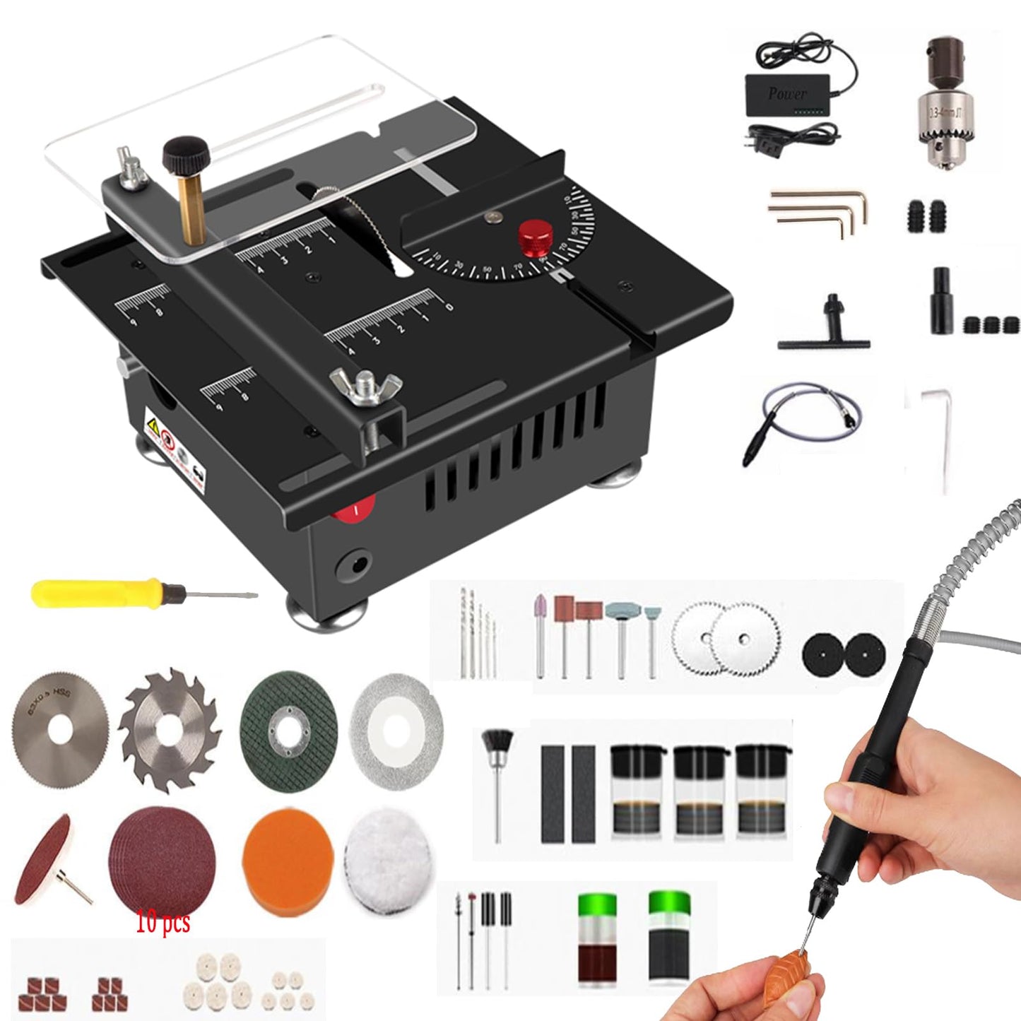 Mini table Saw, 7 Speed Adjustable Power Supply,Multi-Functional mini Table Saw for Crafts, Speed & Angle Adjustable, DIY Machine for Wood,Acrylic,Plastic,PCB cutting