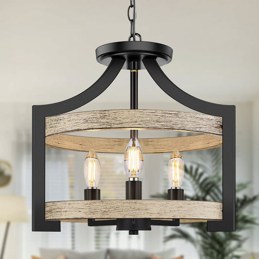 3-Light Rustic Farmhouse Pendant Hanging Light Adjustable Height Max 68in, 14.5” Convertible Vintage Semi Flush Mount Ceiling Light Fixture Black Metal Chandelier Wood Finish Kitchen Dining Room