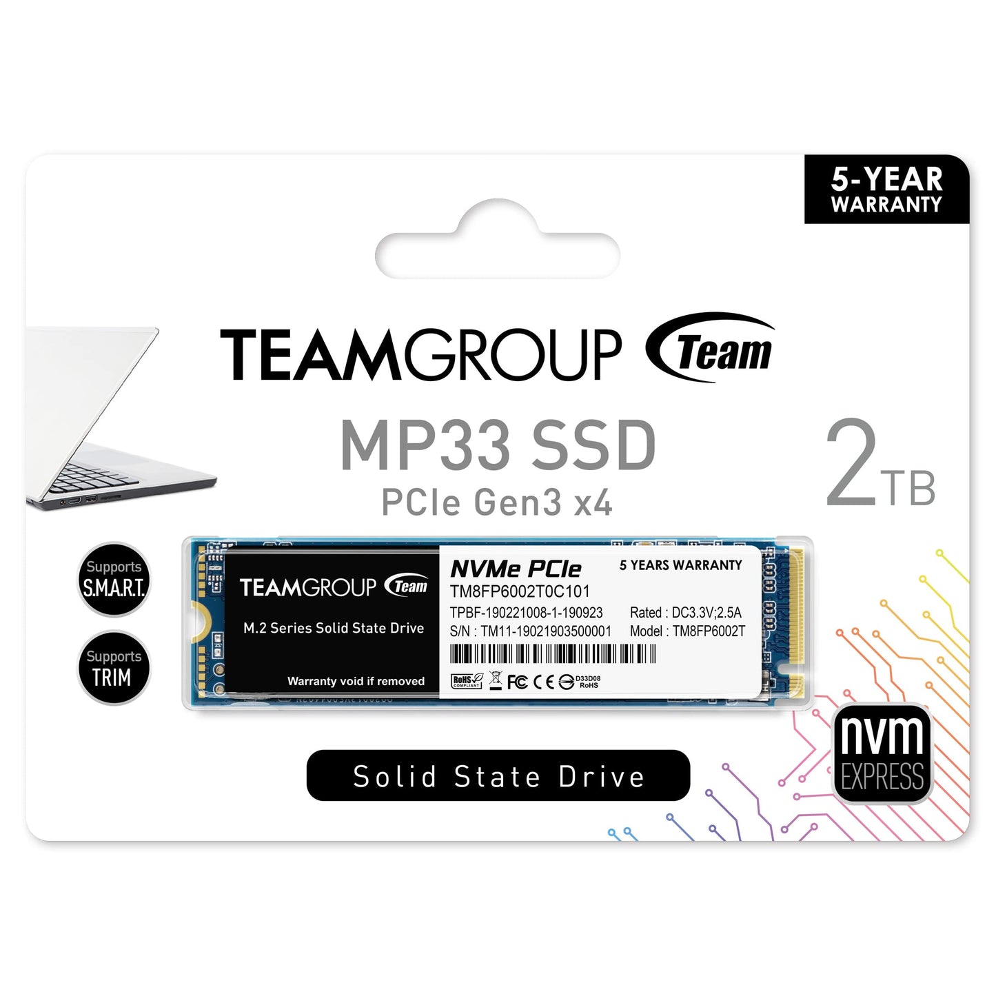 TEAMGROUP MP33 2TB SLC Cache 3D NAND TLC NVMe 1.3 PCIe Gen3x4 M.2 2280 Internal Solid State Drive SSD (Read/Write Speed up to 1,800/1,500 MB/s) Compatible with Laptop & PC Desktop TM8FP6002T0C101