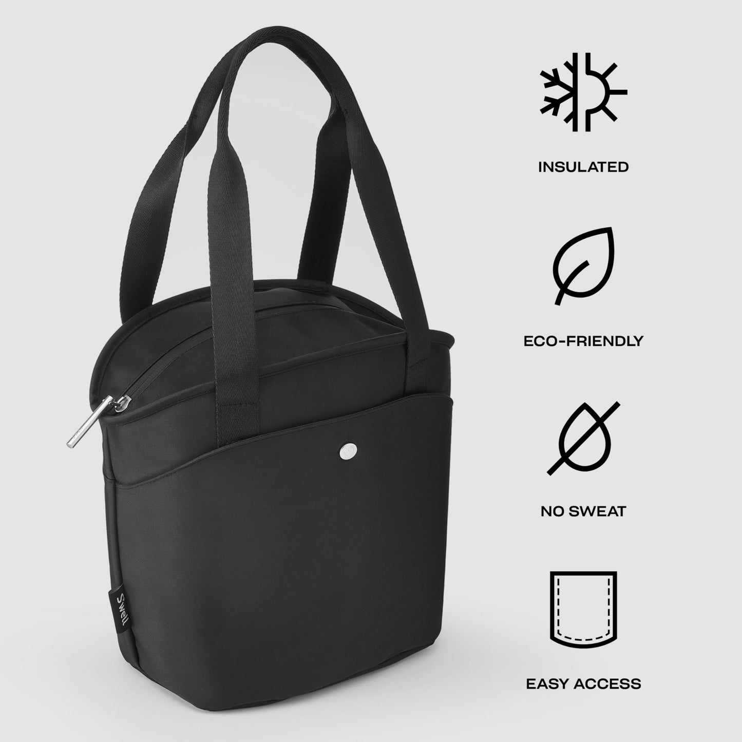 S'well Insulated Lunch Tote 10L, Onyx, Leakproof Lining With Waterproof Zip Closure, Multiple Pockets For Packing, Inner Strap Holds Water Bottle, Fits S'well Salad Bowl Kit Or Bento Box