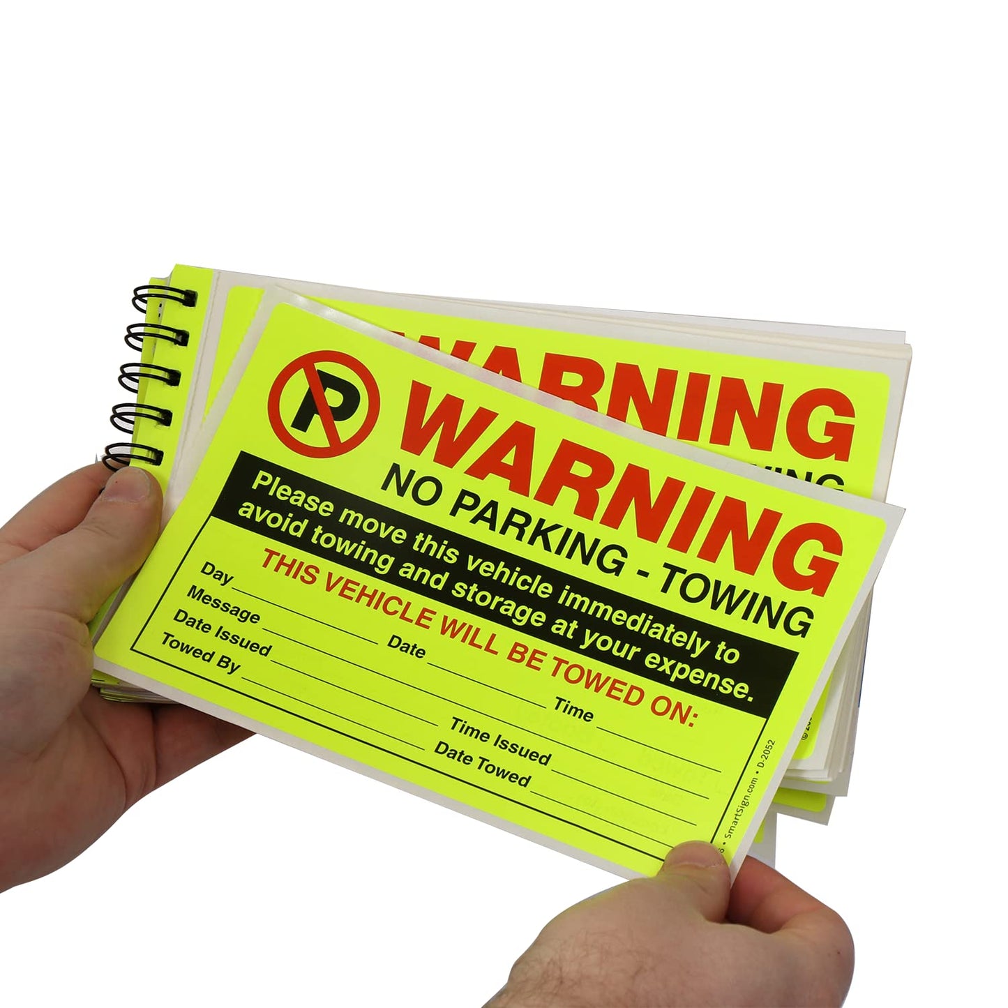 SmartSign Warning Parking Violation Stickers, Book of 50 Stickers, 5" x 8", Move Vehicle Immediately to Avoid Towing Sticker, Hard to Remove Write-On Tickets, Fluorescent Yellow