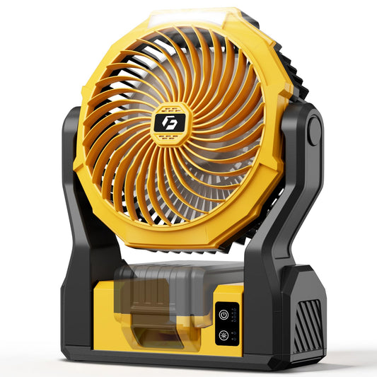 Battery Operated Fan for Dewalt 20V Max Battery, 5.7m/s High Speed Rechargeable Portable Fan with USB Powered & 4 Speed & 2 Light for Camping, Workshop, Garage, Jobsite (Not Included Battery) - Yellow