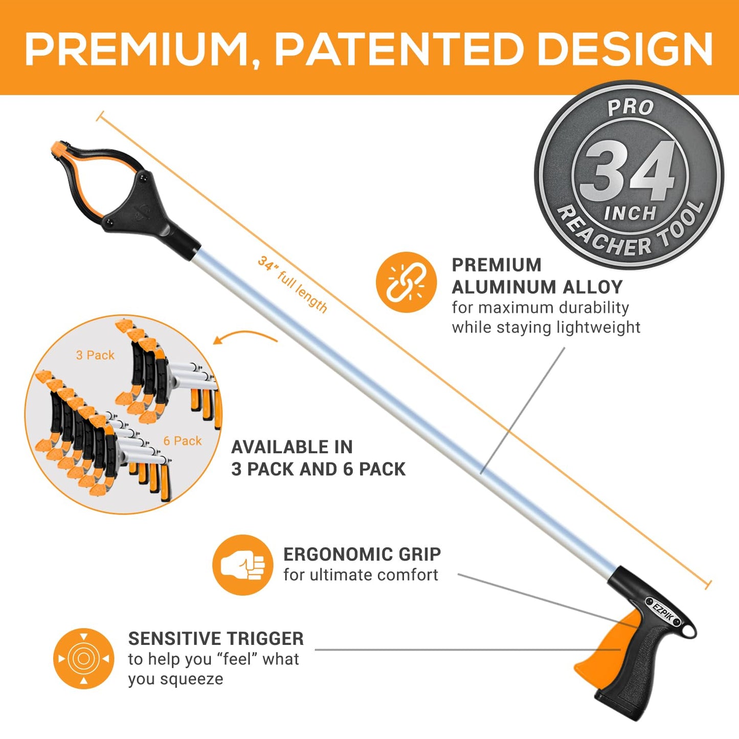 EZPIK Pro 34" Foldable Grabber Reacher Tool for Seniors - Grabbers for Elderly Reaching Tool Heavy Duty Pickup Trash Picker Upper Equipment - Claw Grabber Stick for Reaching Aids, Weed Gripper 6-Pack