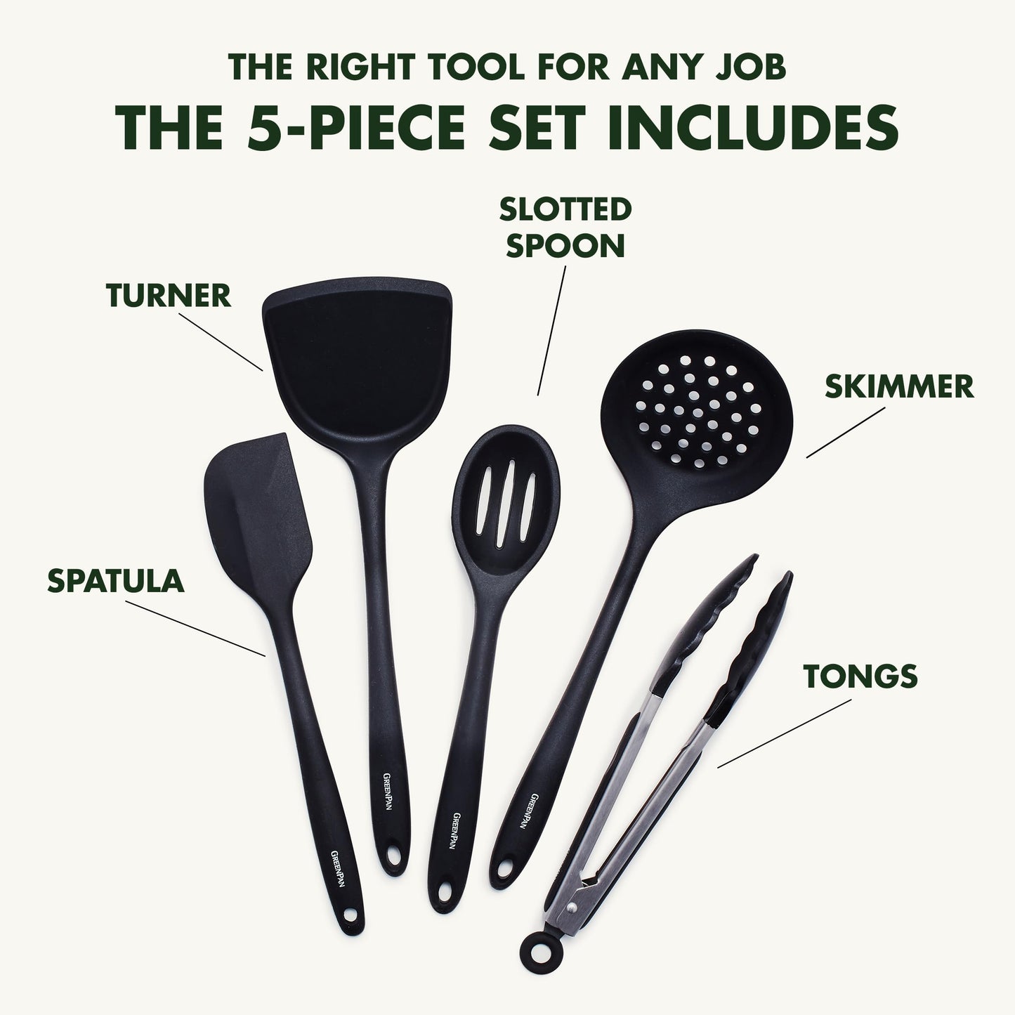 GreenPan 5 Piece Cooking Utensil Set, Flexible Nonstick Silicone, Stain-Free, Tongs, Turner, Spatula, Skimmer, and Slotted Spoon, Black