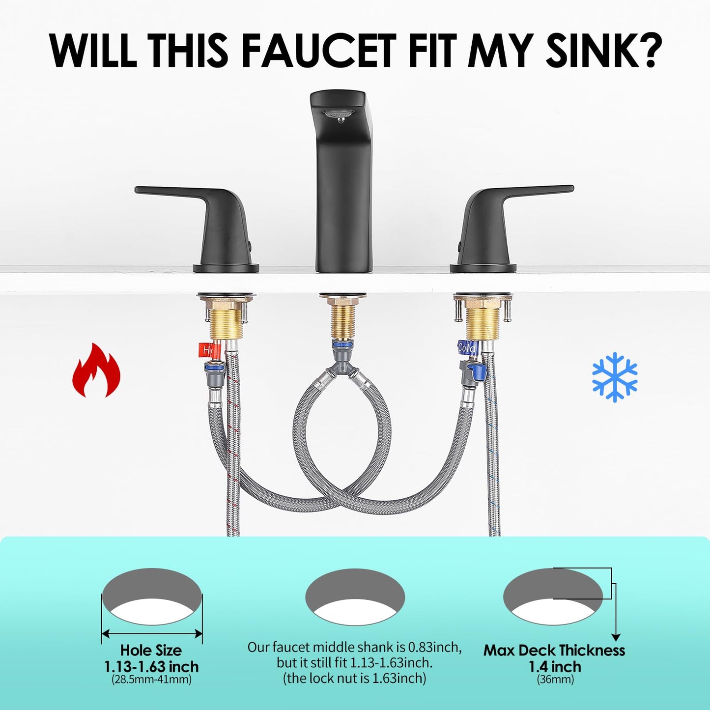 JAKARDA 8 inch 2 Handles Widespread Bathroom Faucet 3 Holes with Pop up Drain Assembly and Water Supply Lines (Black)
