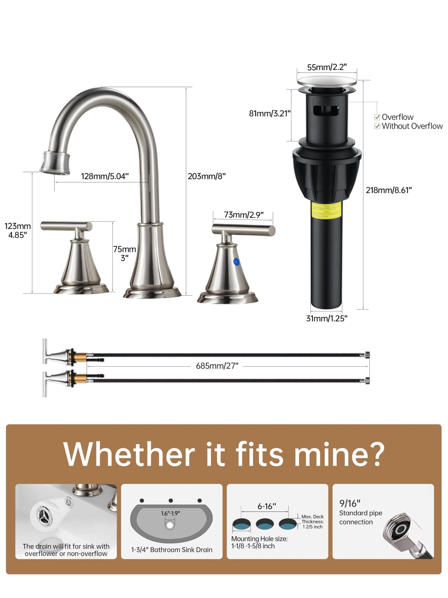 Fransiton 8 Inch Widespread Bathroom Sink Faucet 3 Hole, Brushed Nickel Bathroom Faucet with Metal Pop-Up Drain Assembly, Bathroom Vanity Faucet, 2 Handle for Sink