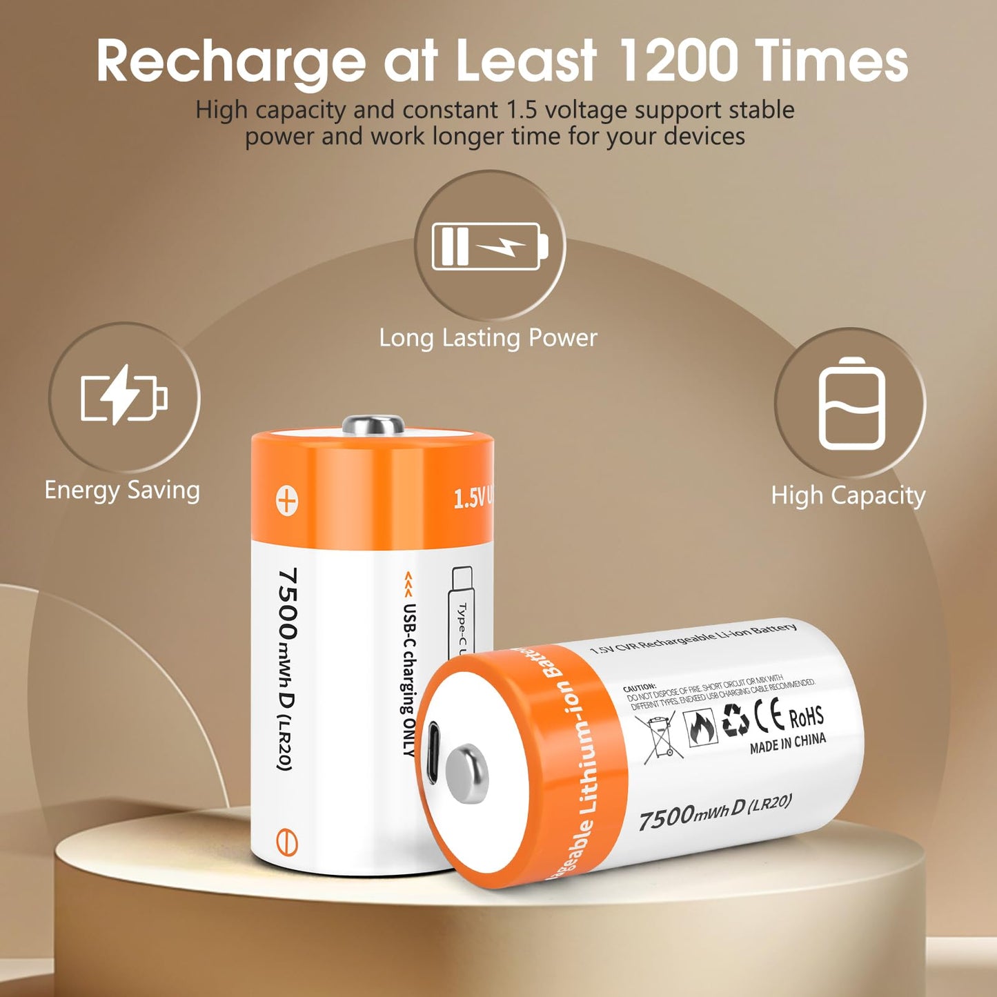 TEMIBATT Rechargeable D Batteries 8 Pack, 1.5V 7500mWh Lithium D Battery with USB-C Charging Cable, Long-Last for Flashlight, Toys, Floodlights & More