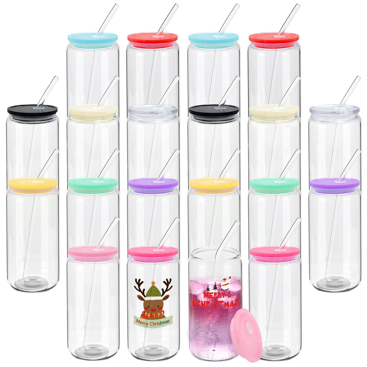 20 Pack Drinking Glass Cups with Acrylic Lids and Glass Straws 16oz Clear Glass Tumblers Can Shaped Iced Coffee Cups Drinking Glasses, Cute Glass Cups for Tea Beer Soda Smoothie Whiskey Gift