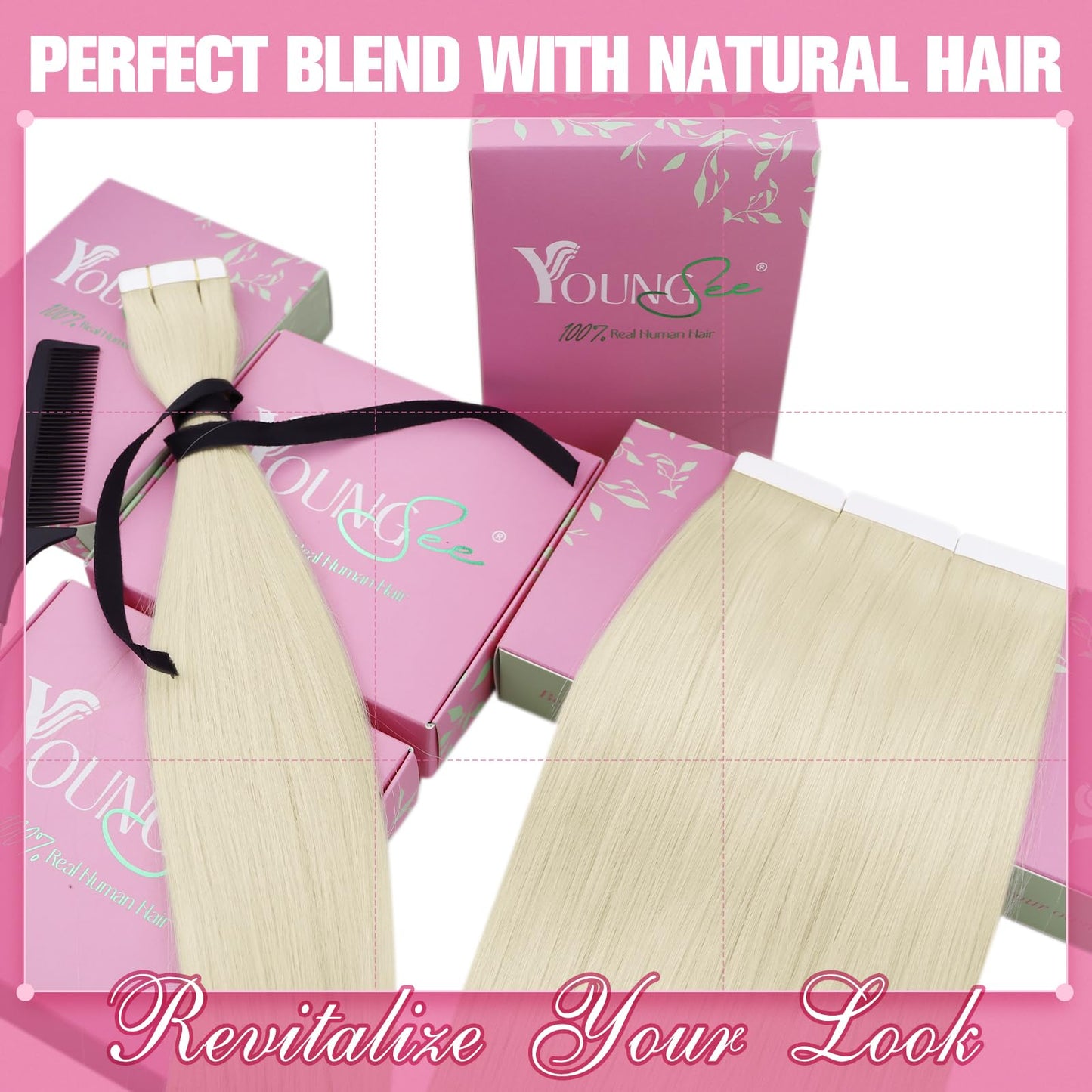 YoungSee Platinum Blonde Tape in Extensions Human Hair 24 Inch Seamless Tape in Hair Extensions Human Hair Platinum Blonde Tape on Hair Extensions Human Hair Blonde for Long Hair 20pcs 50g