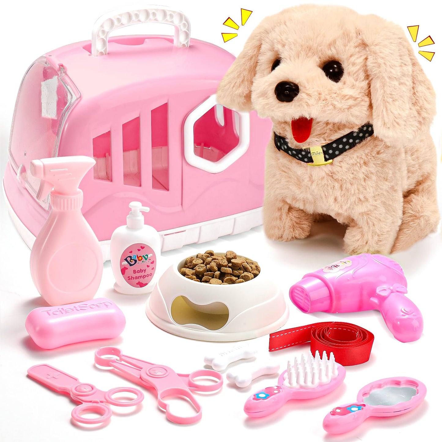Volmop 14 Pcs Dog Toys for Kids Walking Barking Electronic Interactive Plush Puppy Toy with Carrier and Accessories Pet Care Toy Set for Kids Girls Boys 3 4 5 6+