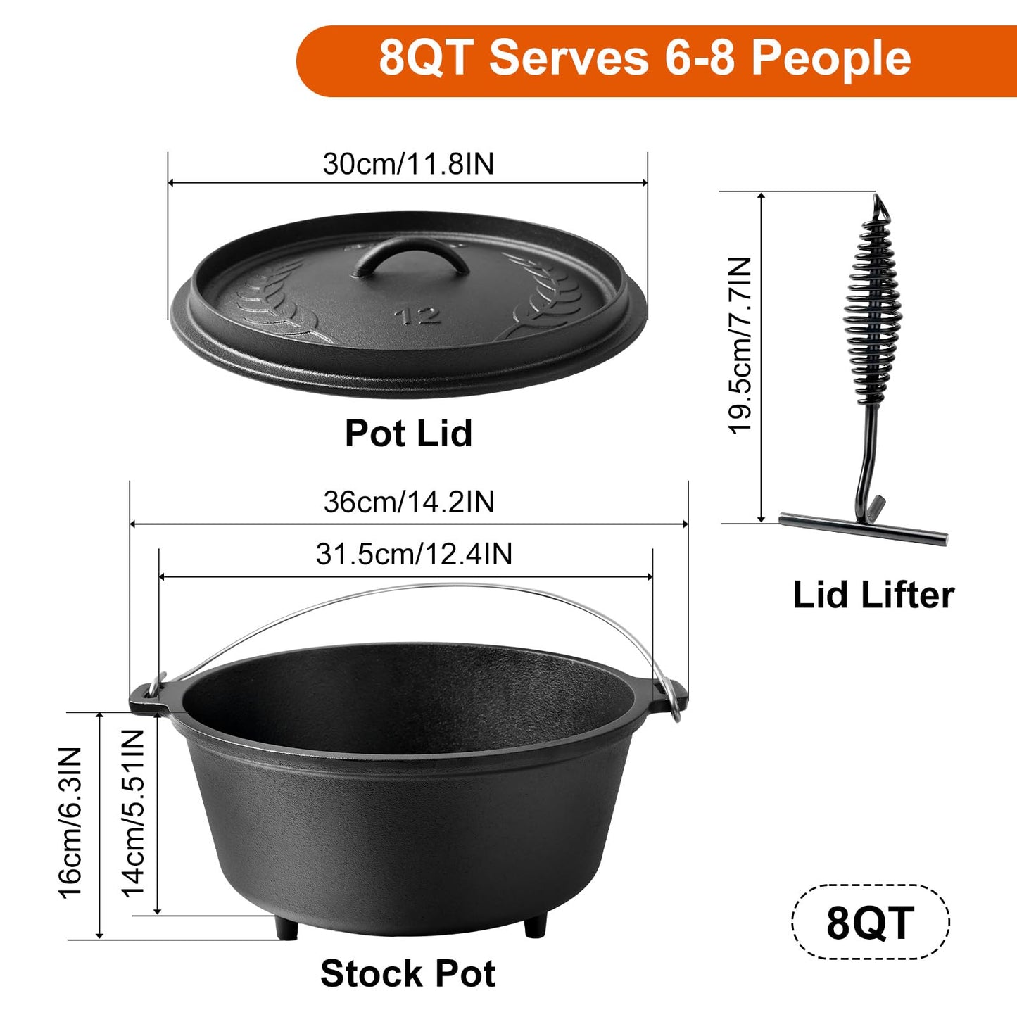 Blingco Pre-Seasoned Cast Iron 8QT Camp Dutch Oven with Lid, Large Camping Dutch Oven Pot, incl. Lid Lifter - Dual Handles - for Outdoor Campfire, Grill, Oven & Stovetop Cooking-Black