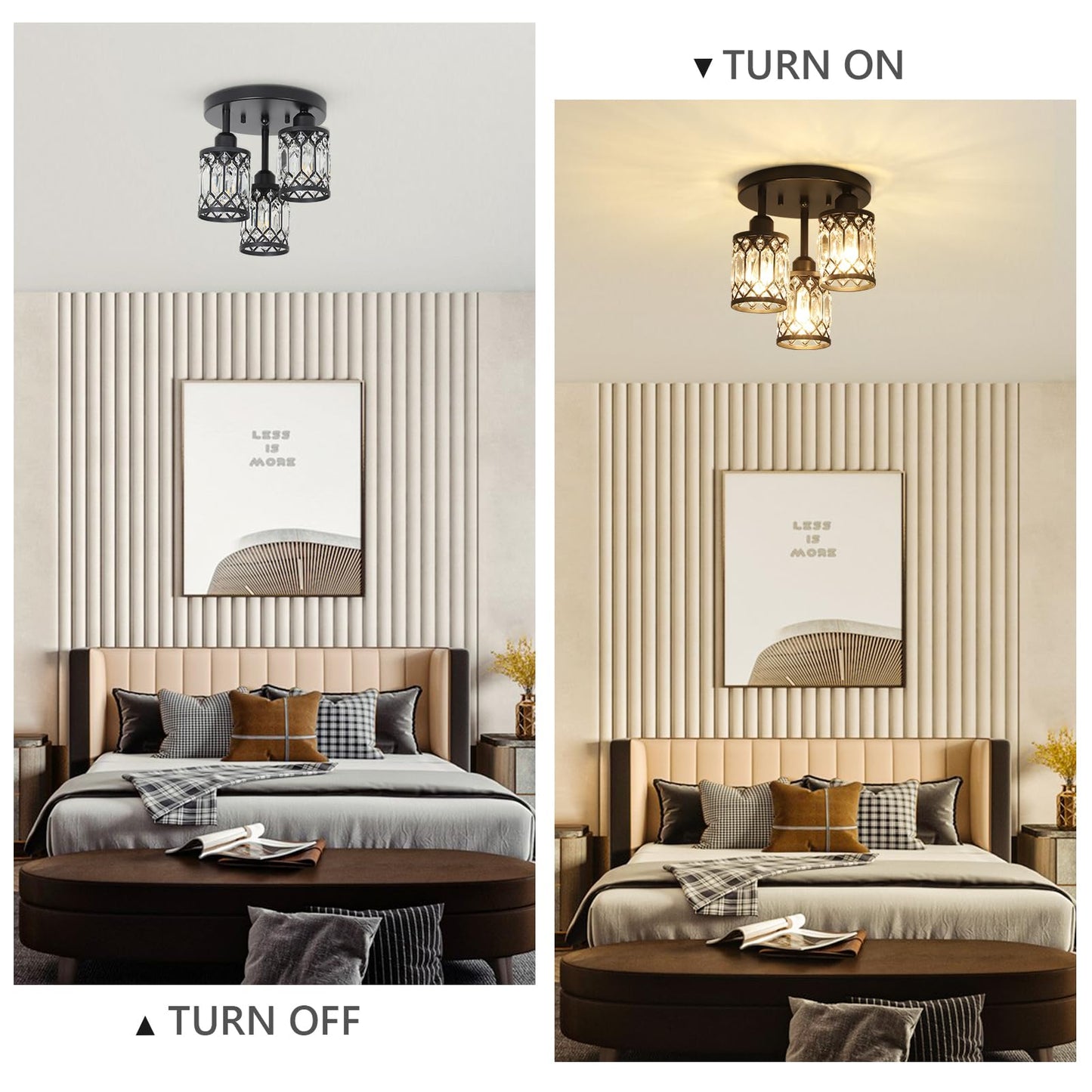 PAUFUL Semi Flush Mount Ceiling Light,3-Light Modern Crystal Close to Ceiling Light Fixtures, Black Kitchen Light Fixtures with Clear Crystal Shade,Hallway Light Fixtures for Hallway Bedroom Bathroom