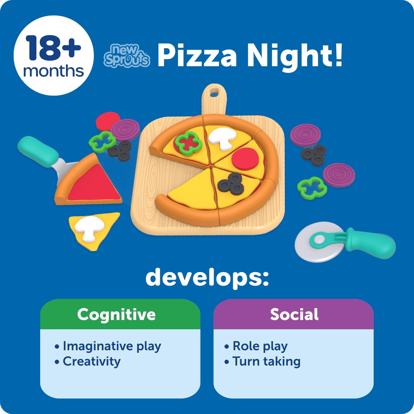 Learning Resources New Sprouts Pizza Night - Imaginative Play Food Set for Kids, Role Play, Toddler Pretend Kitchen Set, Fine Motor Skills, Turn Taking Games, Social Emotional Learning