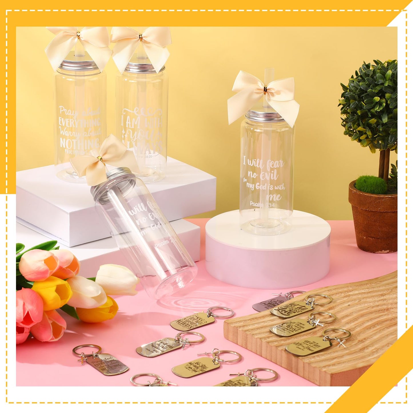 Skylety 20 Set Inspirational Christian Gift Bible Verse Tumbler Bulk 20 Pcs 13.5 oz Christmas in July Plastic Cups with Lid Religious Skinny Tumblers 20 Pcs Keychain Gifts for Back to School Church