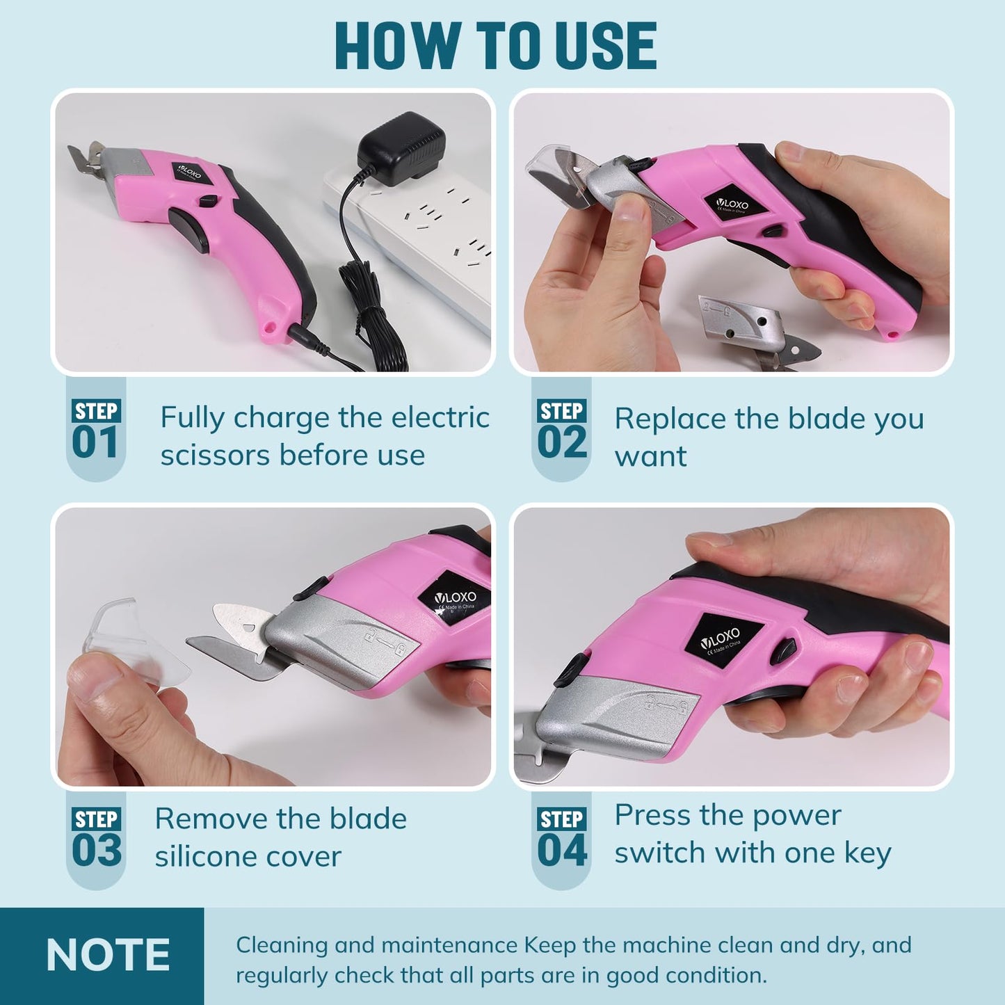 VLOXO Cordless Electric Scissors with 2 Blades Rechargeable Powerful Shears Cutting Tool for Fabric Cardboard Carpet Leather Felt with Charger & Storage Box-Pink
