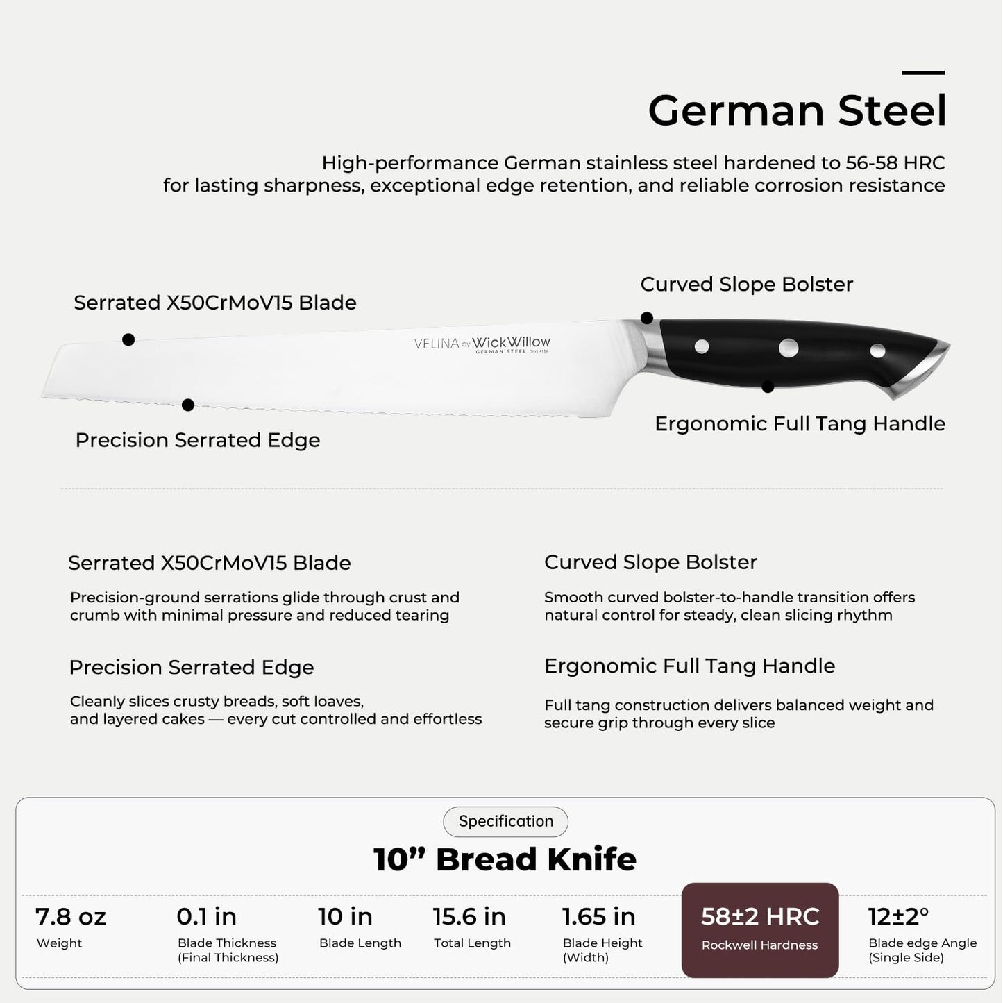 WICKWILLOW Velina 10-Inch Serrated Bread Knife - German X50CrMoV15 Steel, Full Tang, Razor-Sharp Wavy Edge for Sourdough, Artisan Bread, Bagels, Cakes & Sandwich Loaves - Gift Boxed for Home Bakers