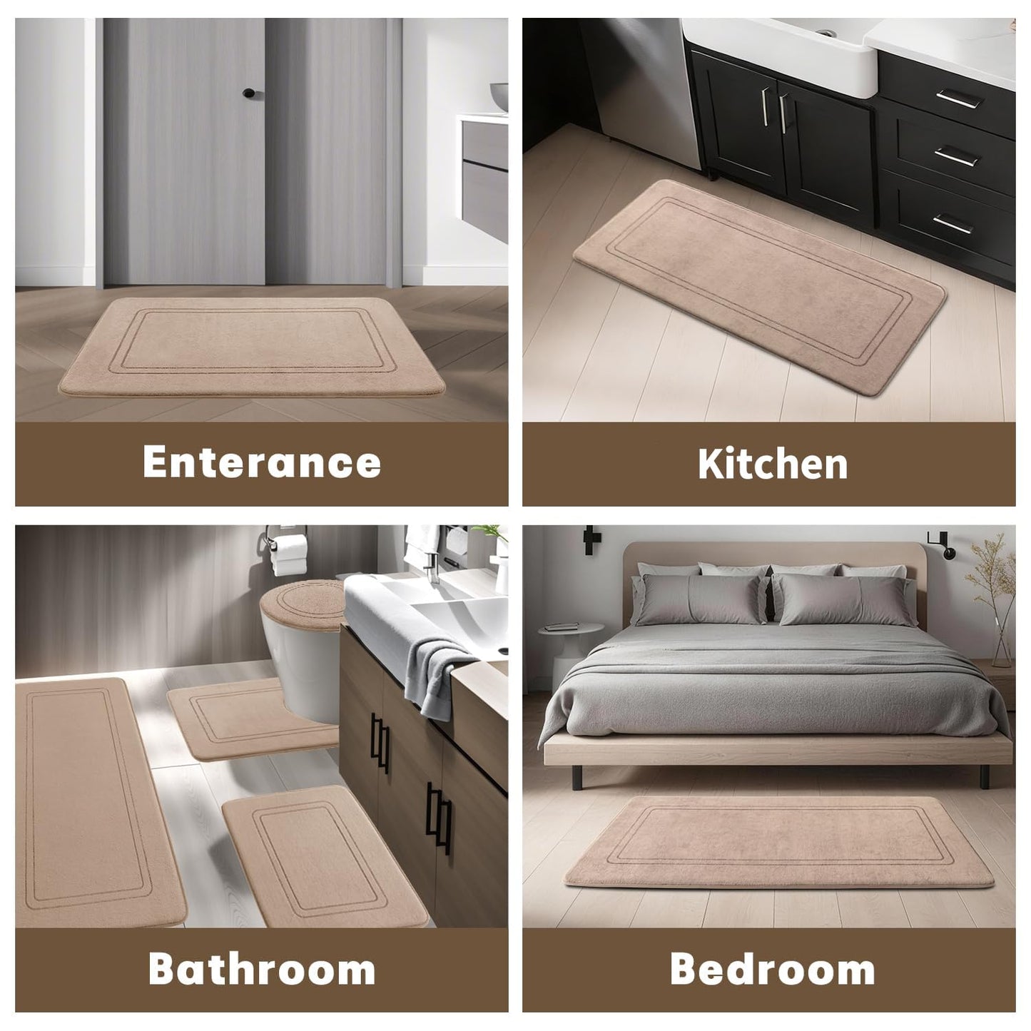 YIHOUSE Memory Foam Bath Mat Set, Bathroom Rugs Sets 3 Pieces, Non Slip Bath Mats for Bathroom, Super Soft and Water Absorbent Bath Rug Set, Machine Washable U Shape Toilet Rug,Beige