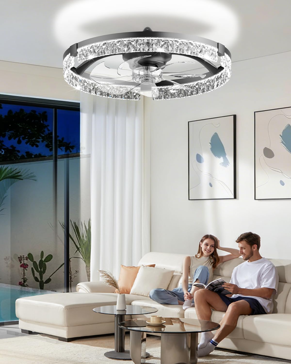 AIKVSXER 20" Low Profile Ceiling Fan with Light and Remote, Dimmable LED Flush Mount Ceiling Fan, 6 Speeds, White Modern Design for Bedroom/Living Room （Black-Crystal）